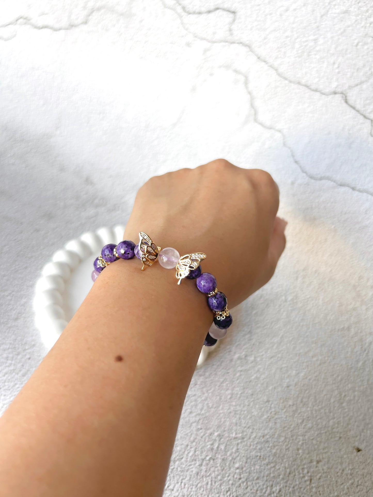 Faceted Charoite, Purple Chalcedony and Lavender Amethyst Customised Crystal Bracelet with Butterfly Charm