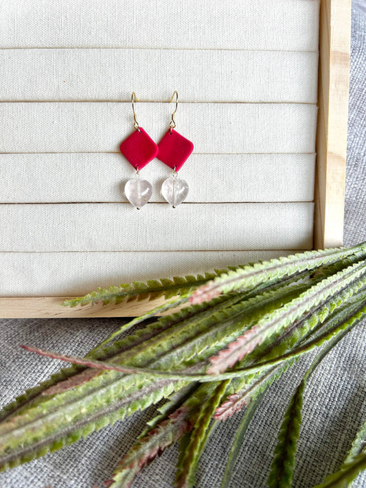 Cherry Red Dime with Gemma Rose Quartz Heart Polymer Clay Earring