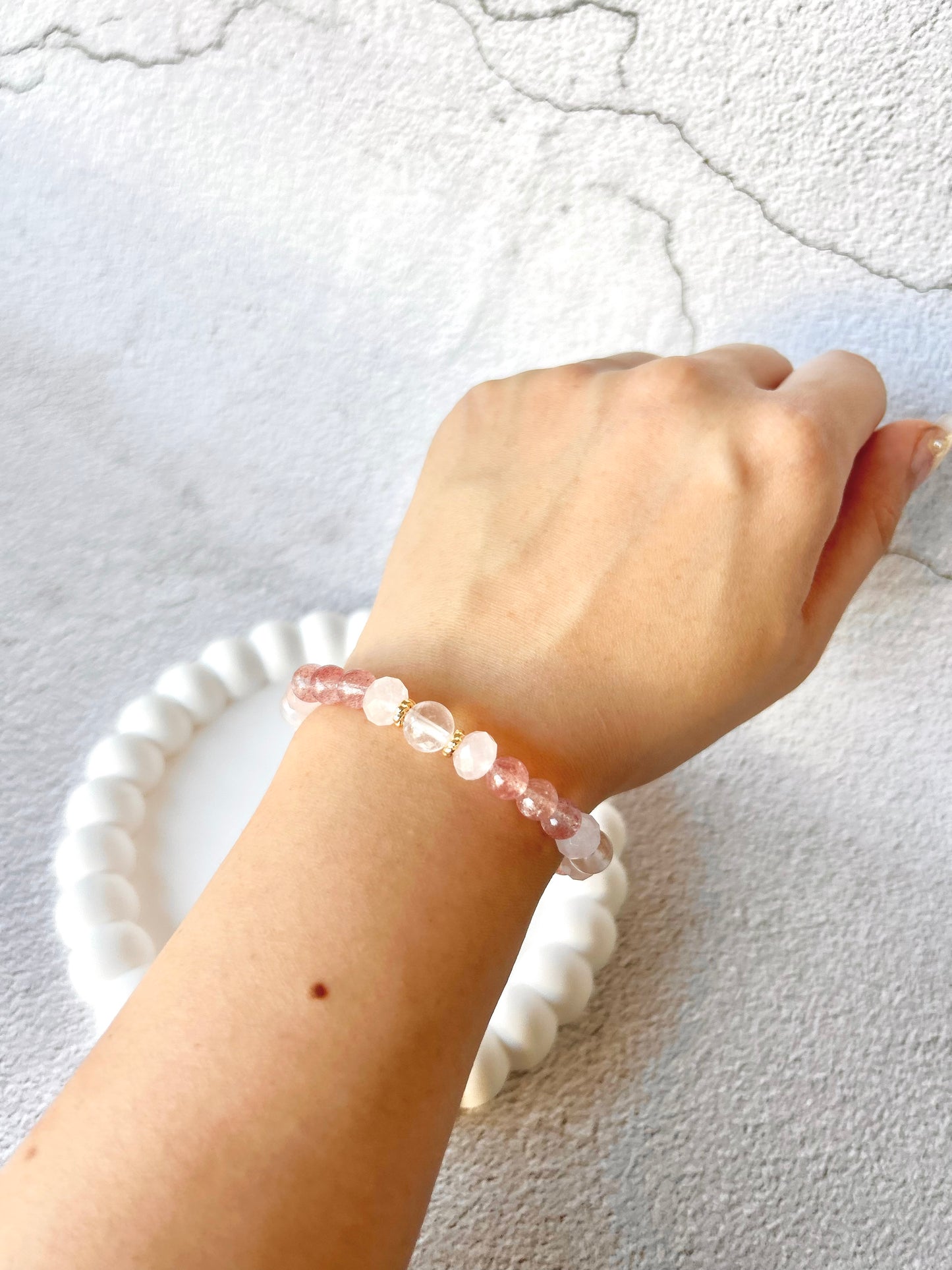 Strawberry Quart, Faceted Rose Quartz and Rose Quartz Customised Stacker Crystal Bracelet