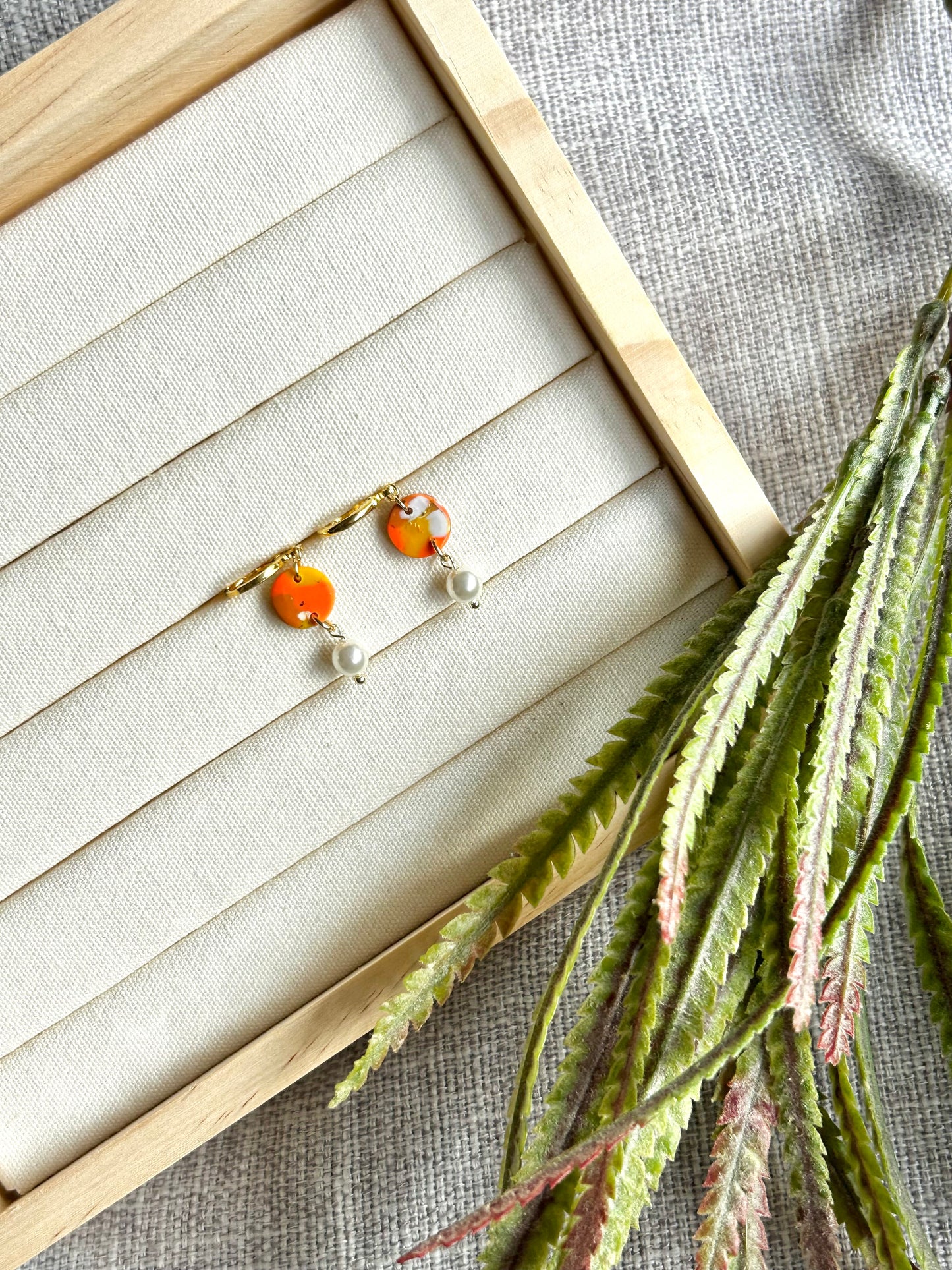 Orange Terrazzo Circle with Faux Pearl Polymer Clay Earring