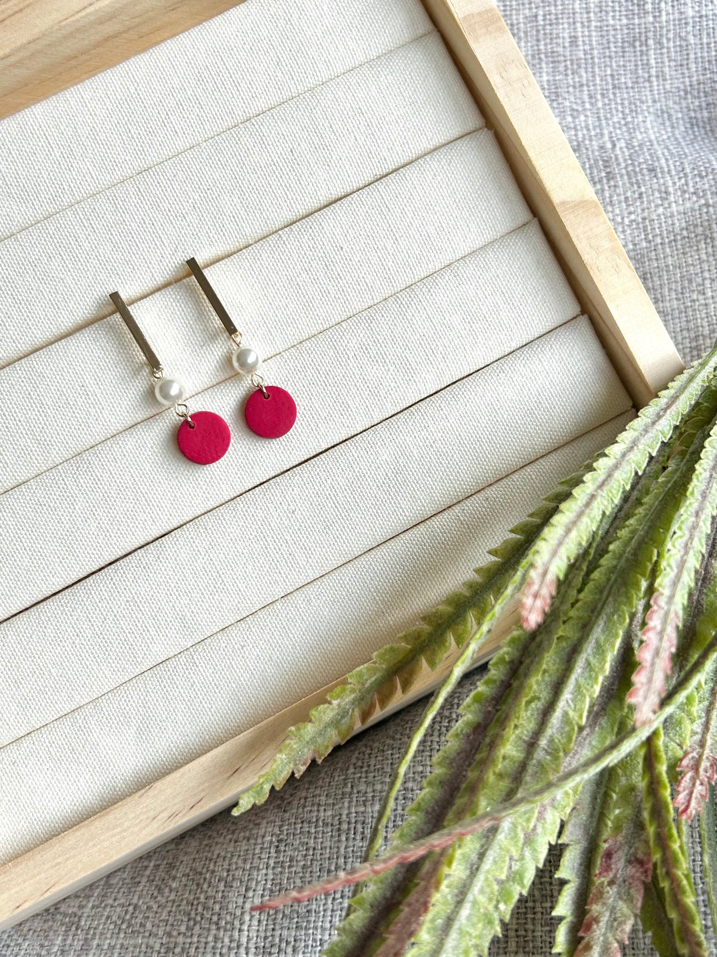 Cherry Red Circle with Faux Pearl Polymer Clay Earring