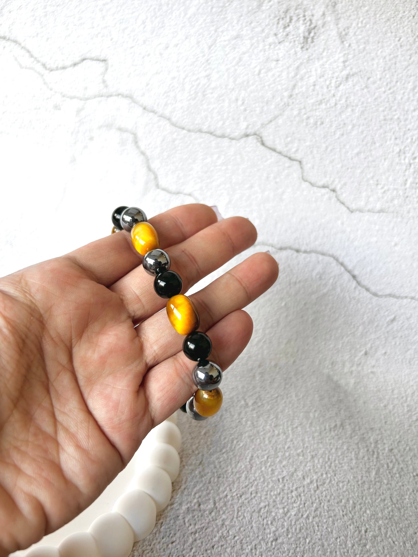 Yellow Tiger Eye Barrel, Terahertz and Lava Stone Customised Crystal Bracelet