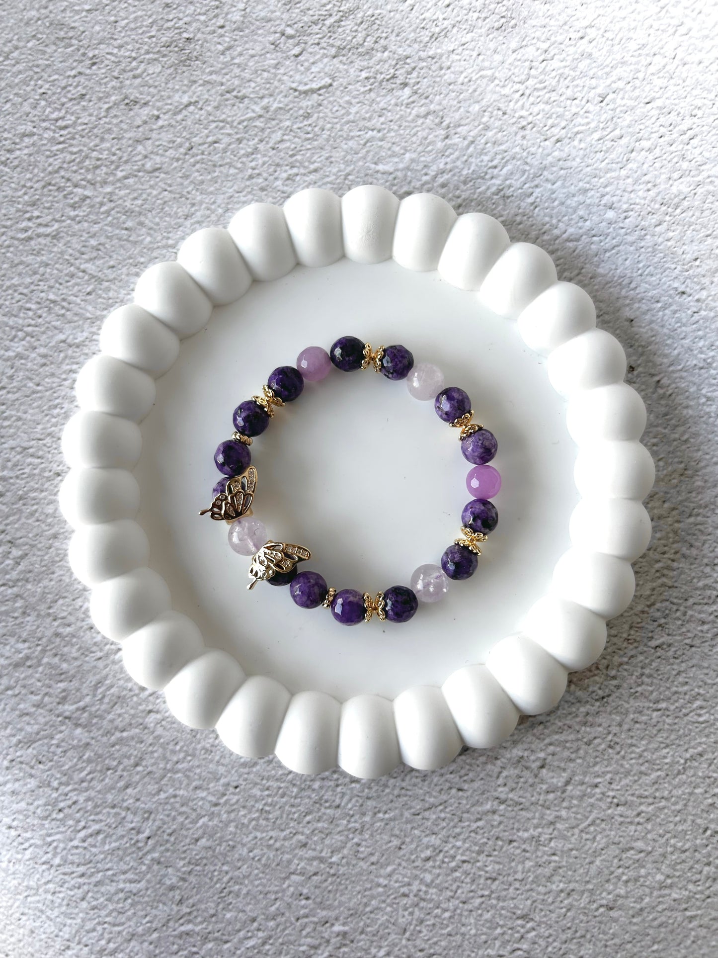 Faceted Charoite, Purple Chalcedony and Lavender Amethyst Customised Crystal Bracelet with Butterfly Charm