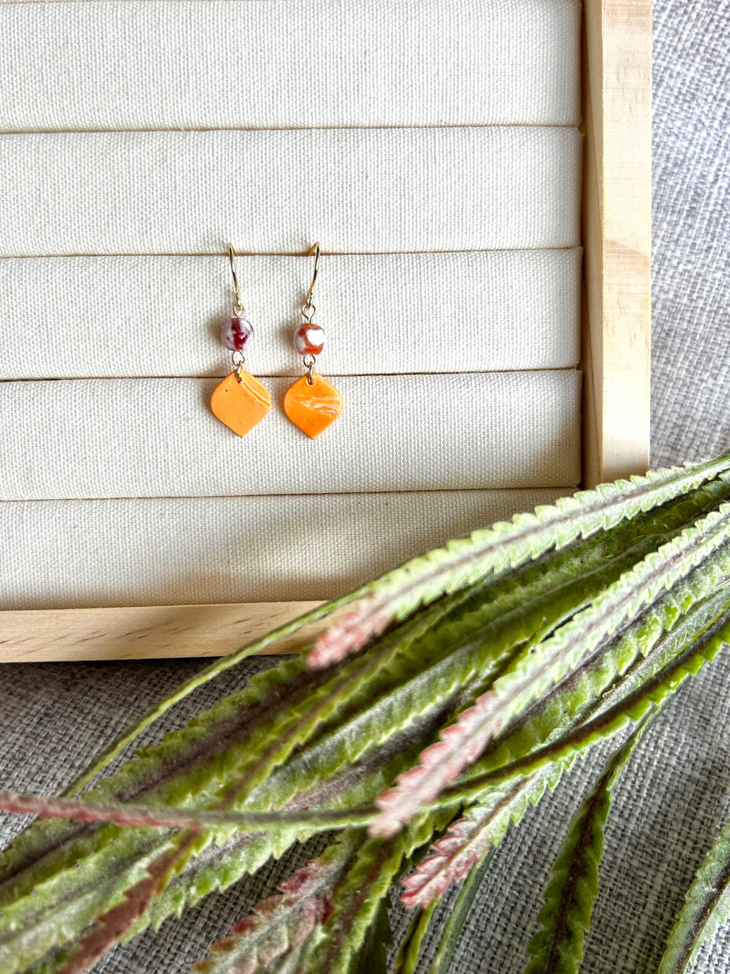 Orange Swirls Droplet with Beads Polymer Clay Earring