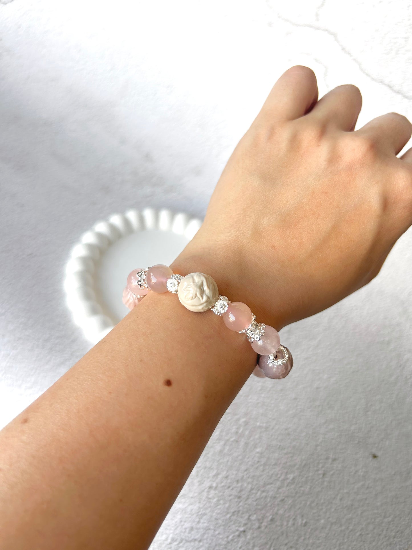 Nine Tail Fox Alashan Agate Charms with Flower Agate and Rose Quartz Customised Crystal Bracelet