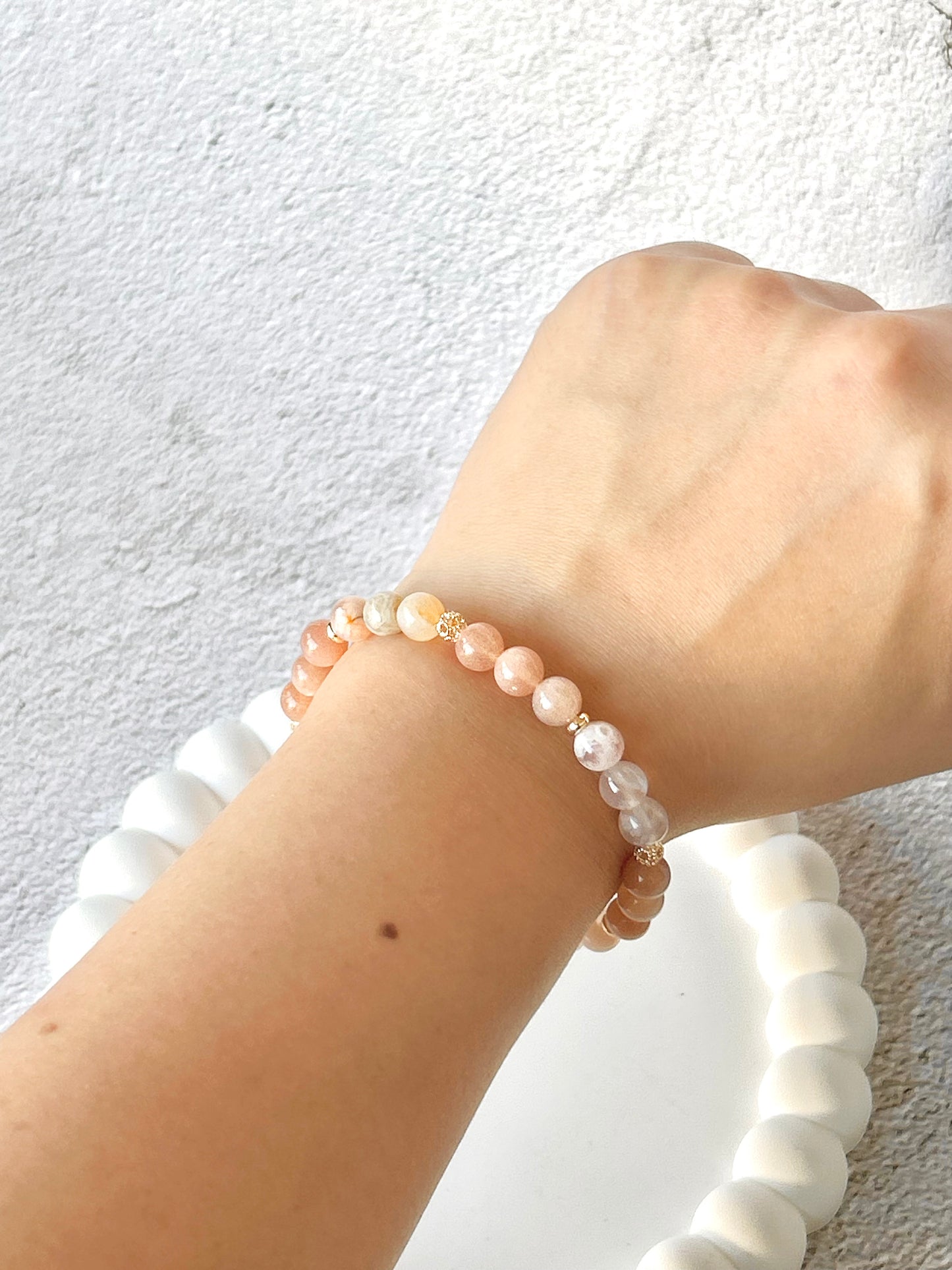 Peach Moonstone and Flower Agate Customised Stacker Crystal Bracelet