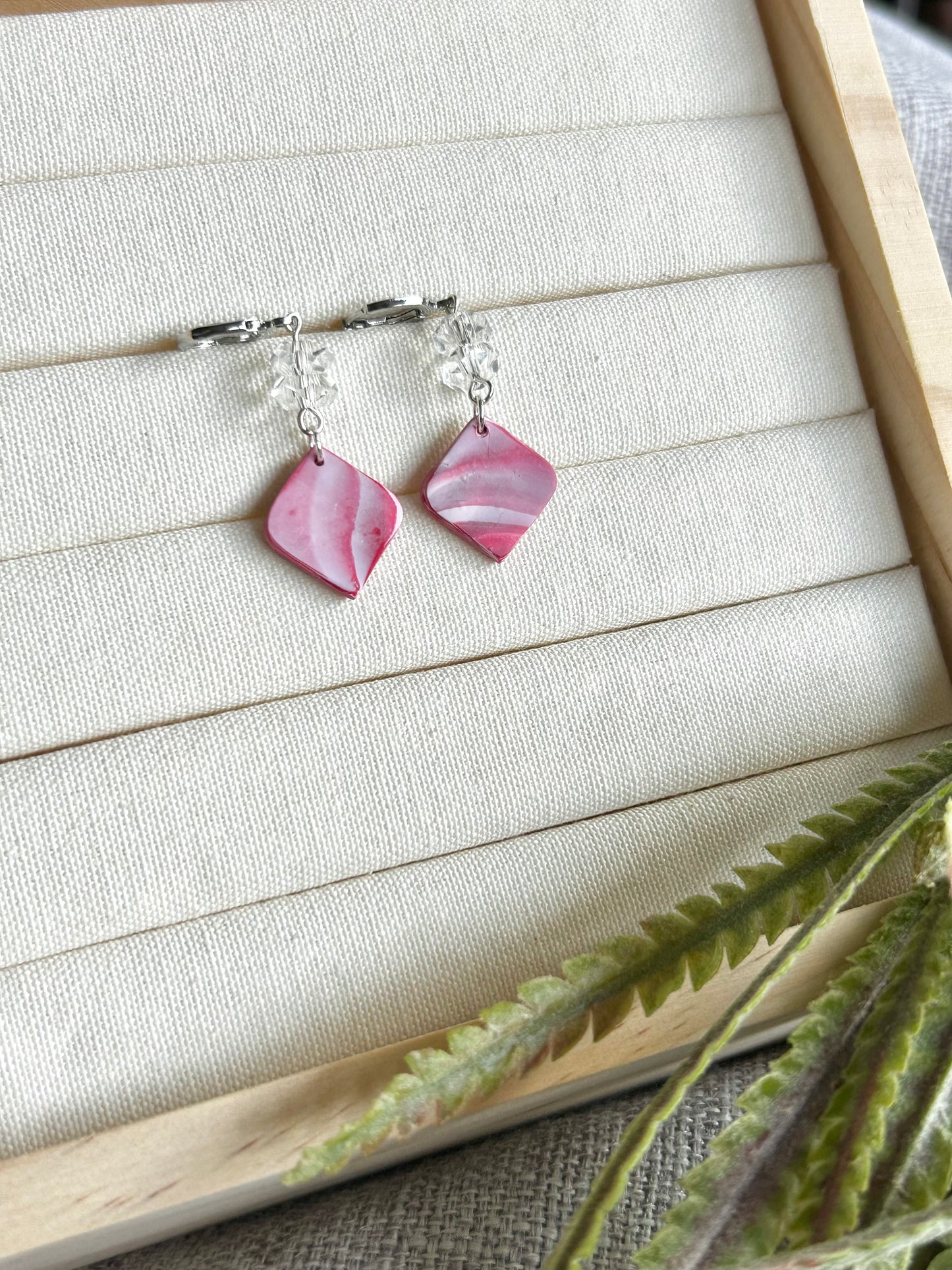 Pink Swirls Dime with Faceted Beads Polymer Clay Earring