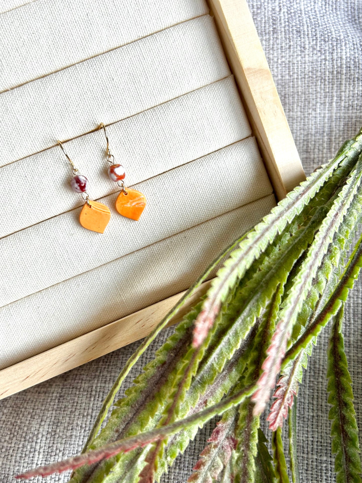 Orange Swirls Droplet with Beads Polymer Clay Earring