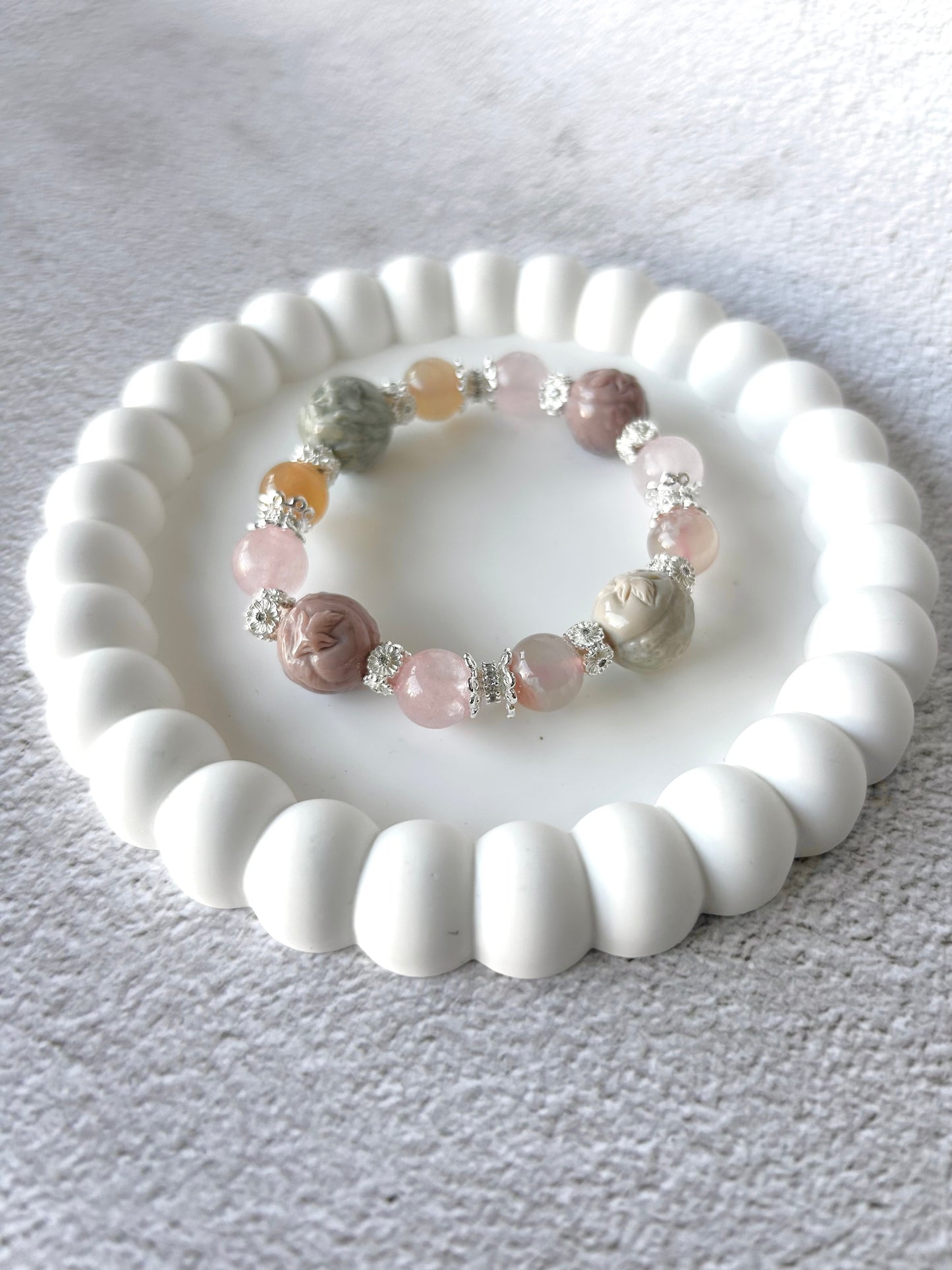 Nine Tail Fox Alashan Agate Charms with Flower Agate and Rose Quartz Customised Crystal Bracelet