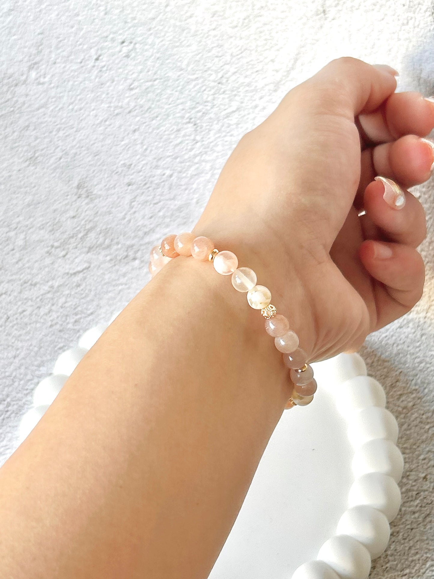 Peach Moonstone and Flower Agate Customised Stacker Crystal Bracelet