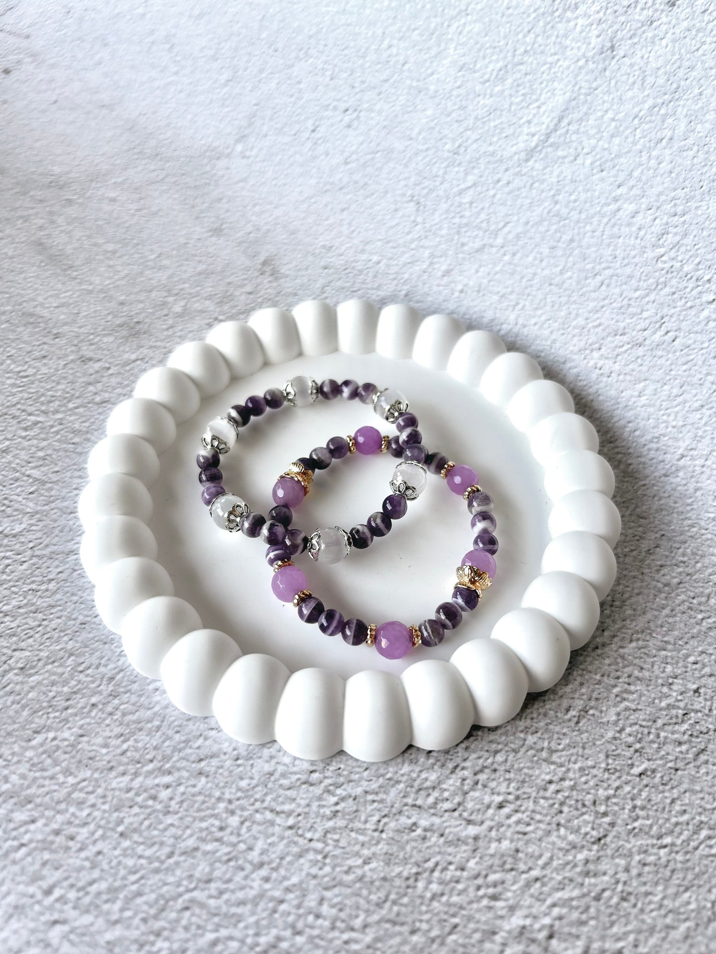 Dream Amethyst & Satin Spar/Chalcedony Customised Stacker Crystal Bracelet