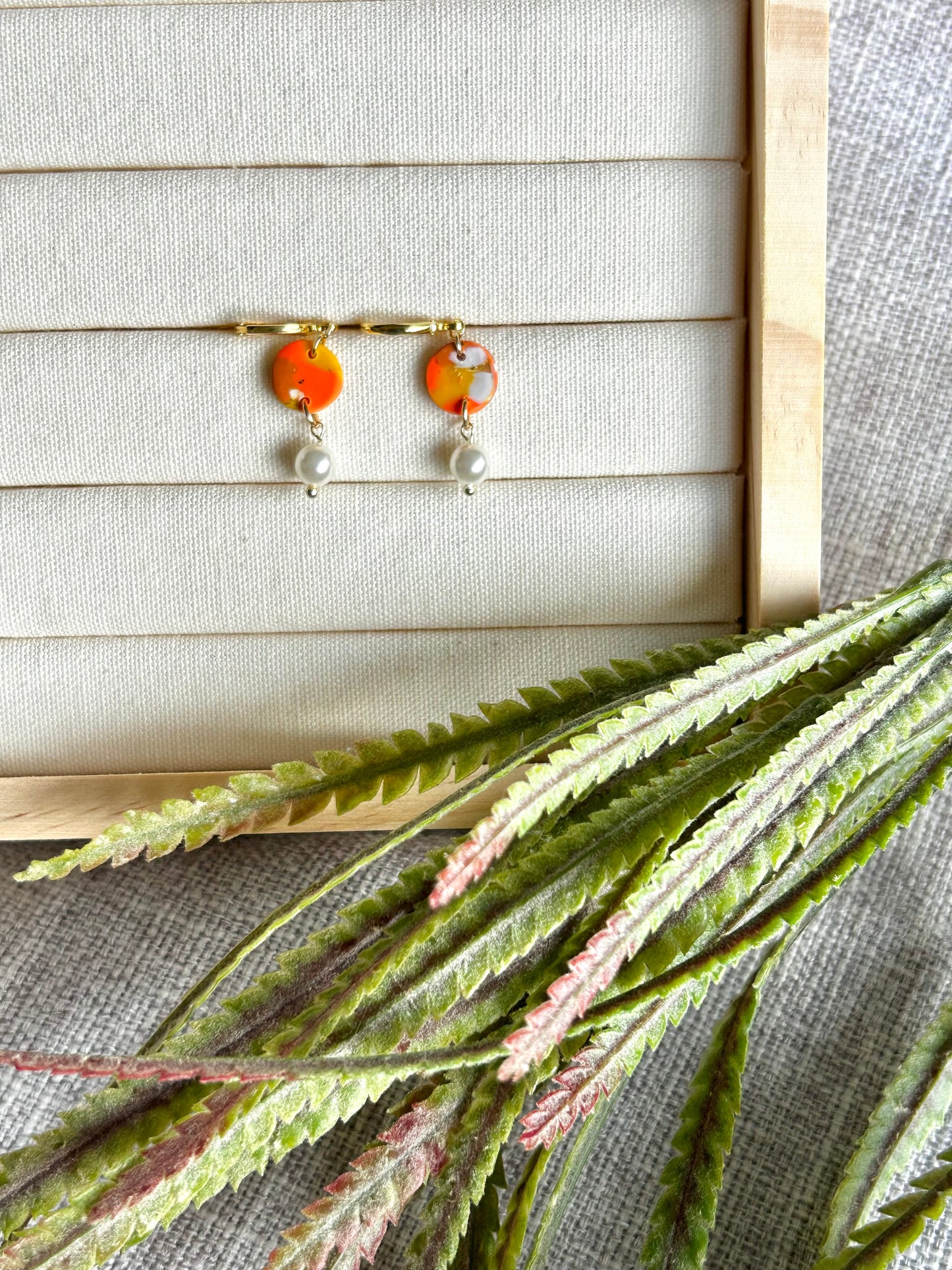 Orange Terrazzo Circle with Faux Pearl Polymer Clay Earring