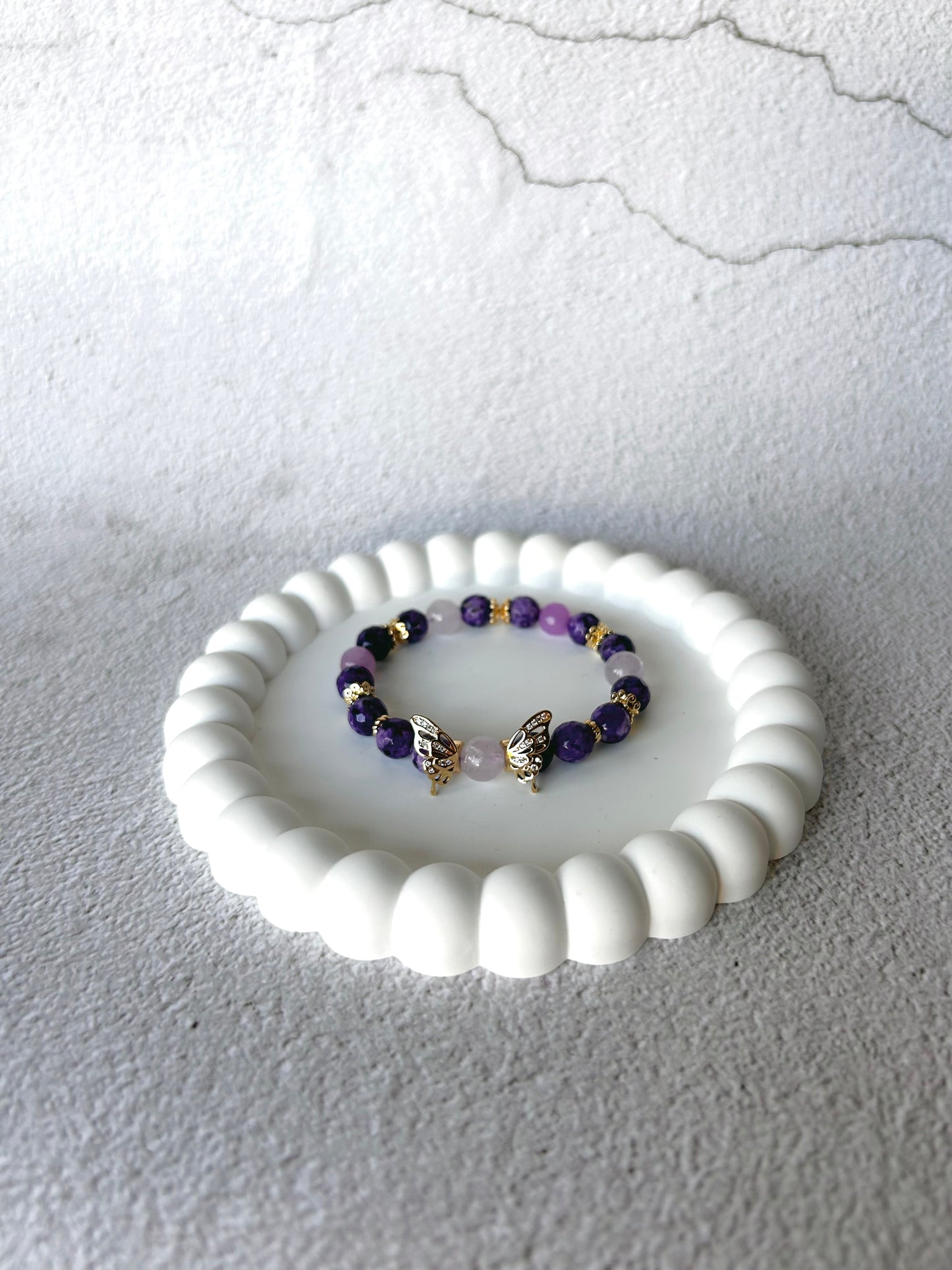 Faceted Charoite, Purple Chalcedony and Lavender Amethyst Customised Crystal Bracelet with Butterfly Charm