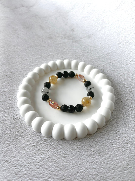 Fire Quartz Barrel, Golden Rutile, Tourmaline in Quartz, Lava Stone and Obsidian Customised Crystal Bracelet