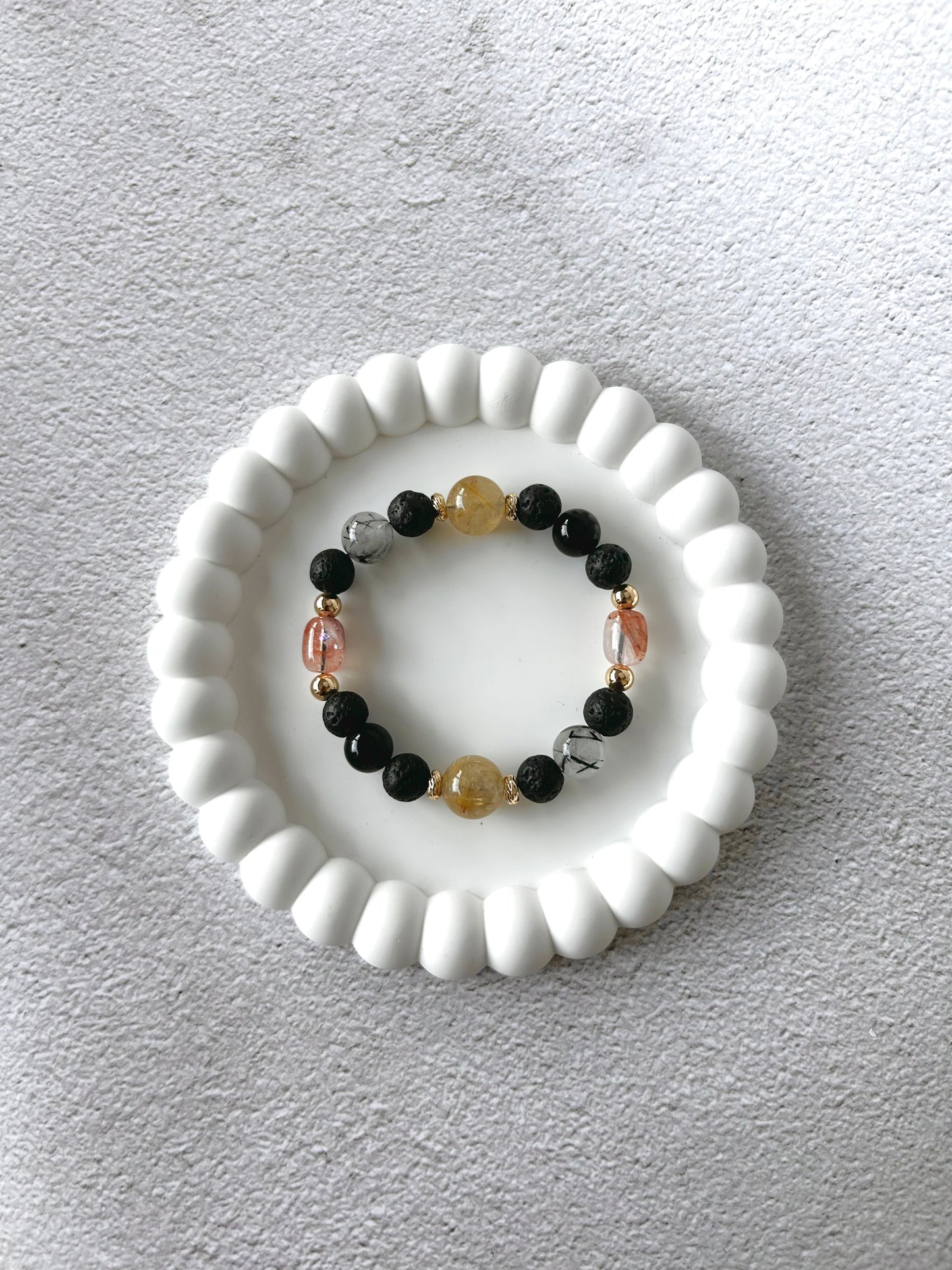 Fire Quartz Barrel, Golden Rutile, Tourmaline in Quartz, Lava Stone and Obsidian Customised Crystal Bracelet