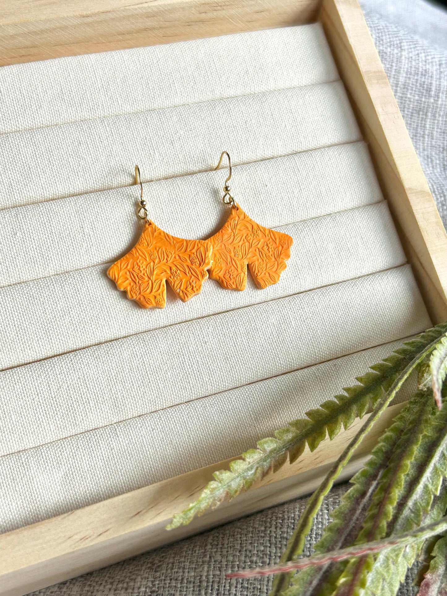 Orange Paisley Gingko Leaf Polymer Clay Earring