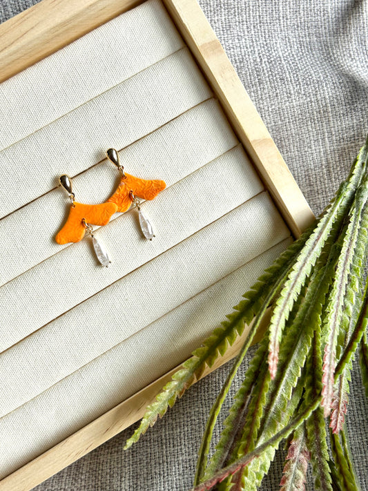 Orange Paisley Cinna with Clear Quartz Droplet Polymer Clay Earring