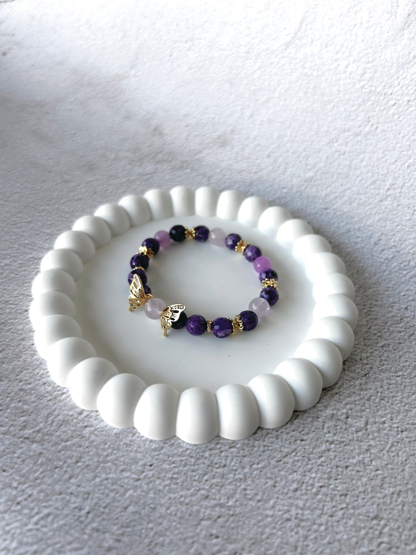 Faceted Charoite, Purple Chalcedony and Lavender Amethyst Customised Crystal Bracelet with Butterfly Charm