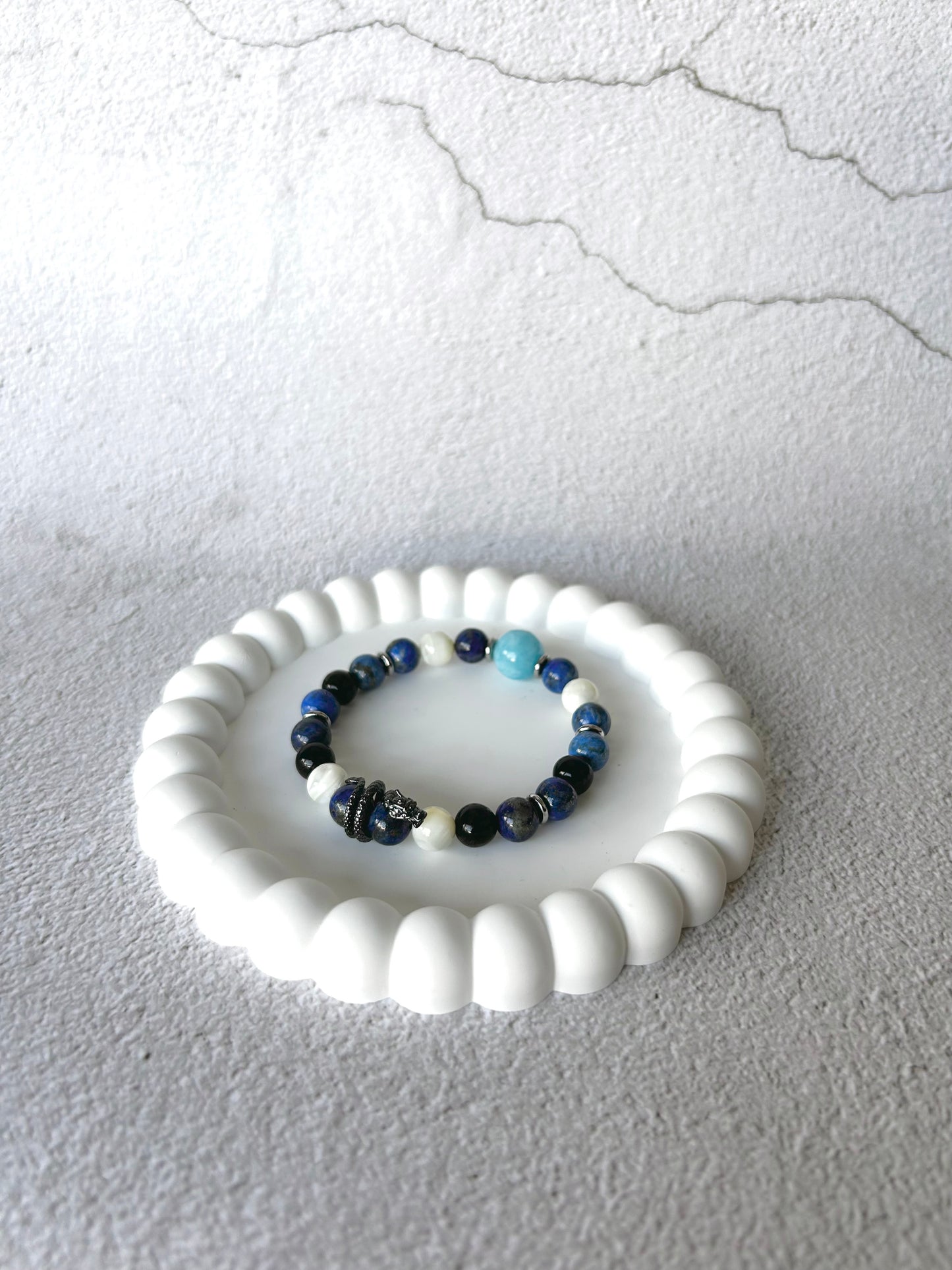 Black Dragon Coil Charm with Lapis Lazuli, Shell, Silver Sheen Obsidian and Aquamarine Customised Crystal Bracelet