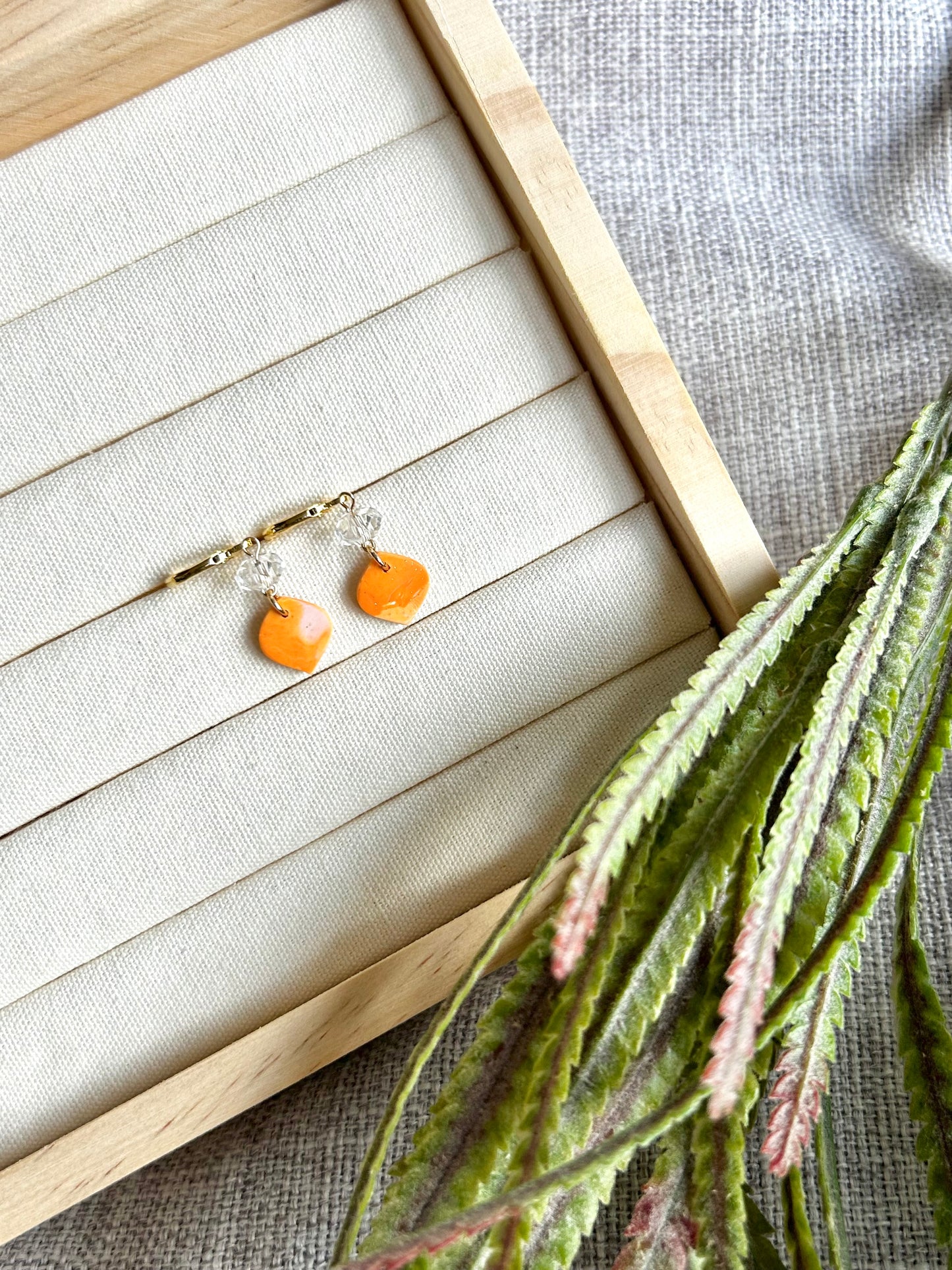 Orange Swirls Droplet with Beads Polymer Clay Earring