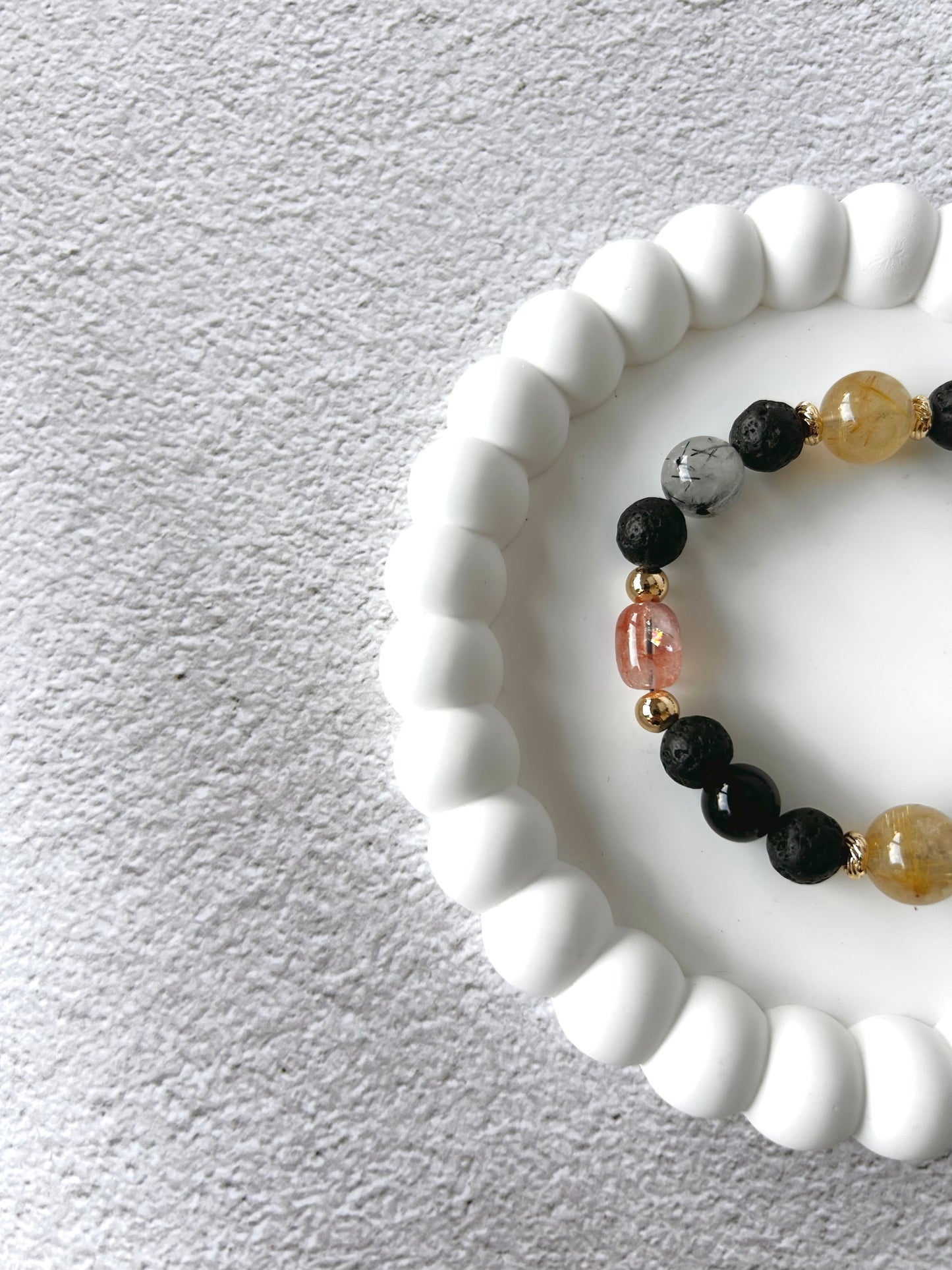 Fire Quartz Barrel, Golden Rutile, Tourmaline in Quartz, Lava Stone and Obsidian Customised Crystal Bracelet