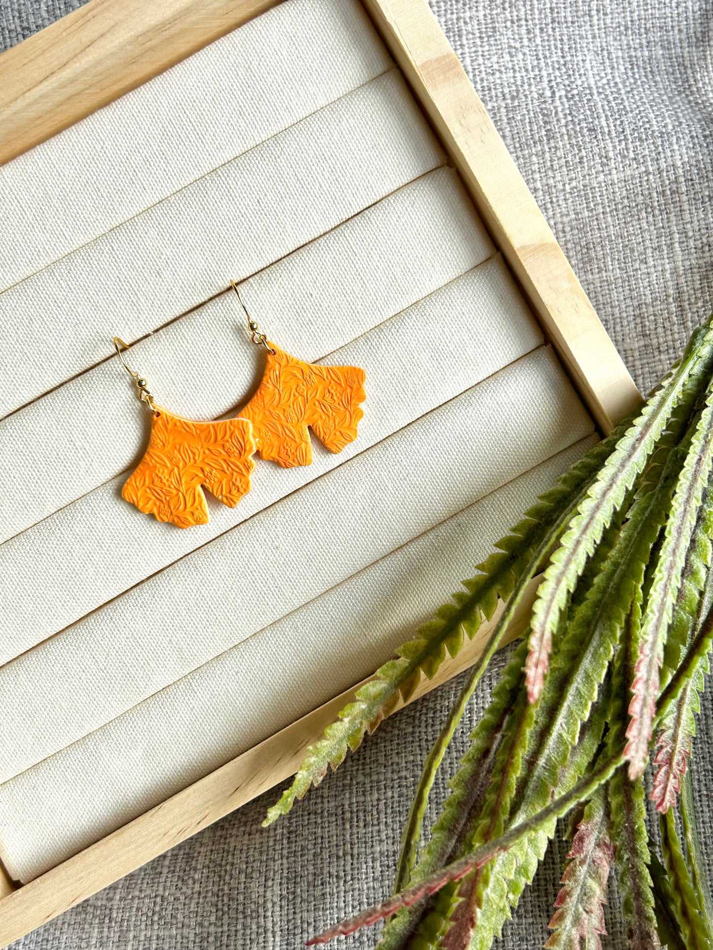 Orange Paisley Gingko Leaf Polymer Clay Earring