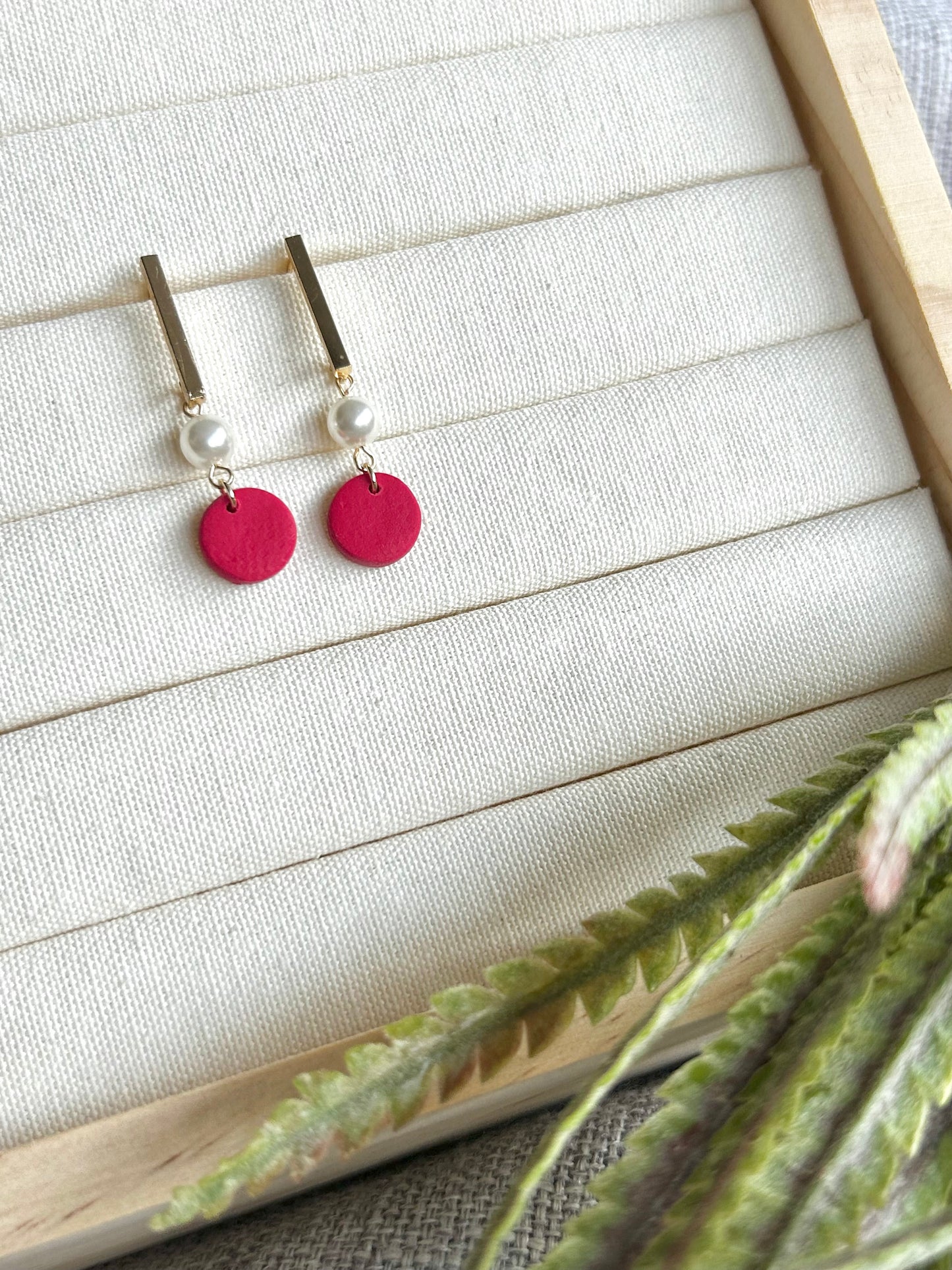 Cherry Red Circle with Faux Pearl Polymer Clay Earring