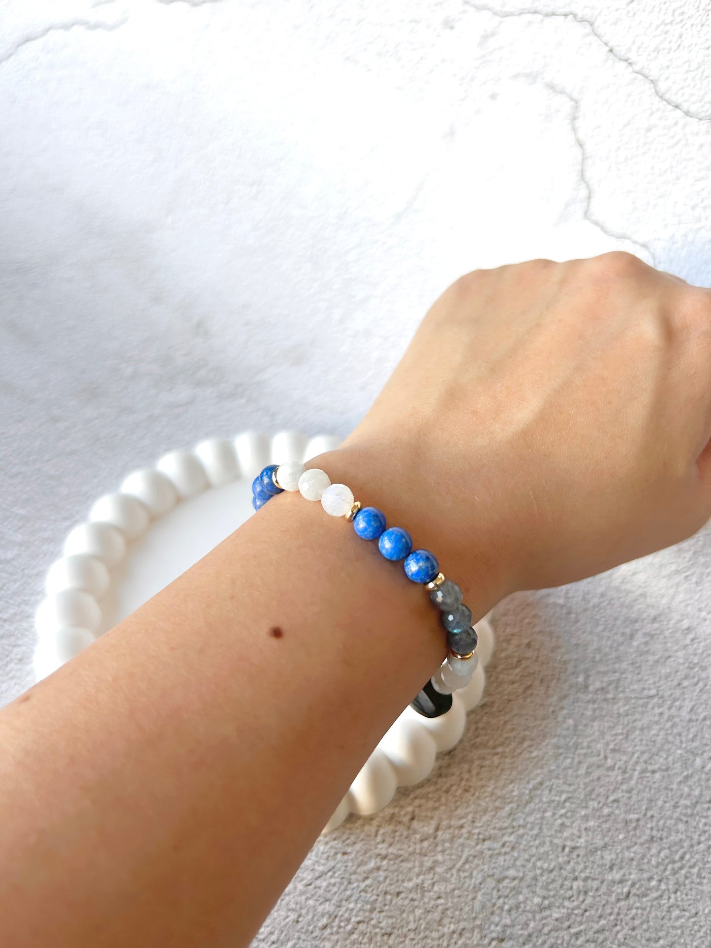 Labradorite Heart Ribbon, Lapis Lazuli, Faceted Moonstone and Labradorite Customised Crystal Bracelet