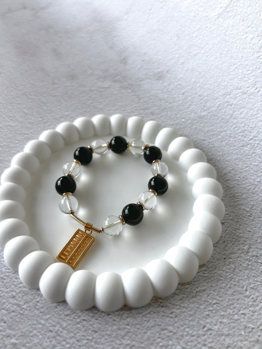 Abacus Charm Blue Tiger Eye, Gold Sheen Obsidian and Clear Quartz Customised Bracelet