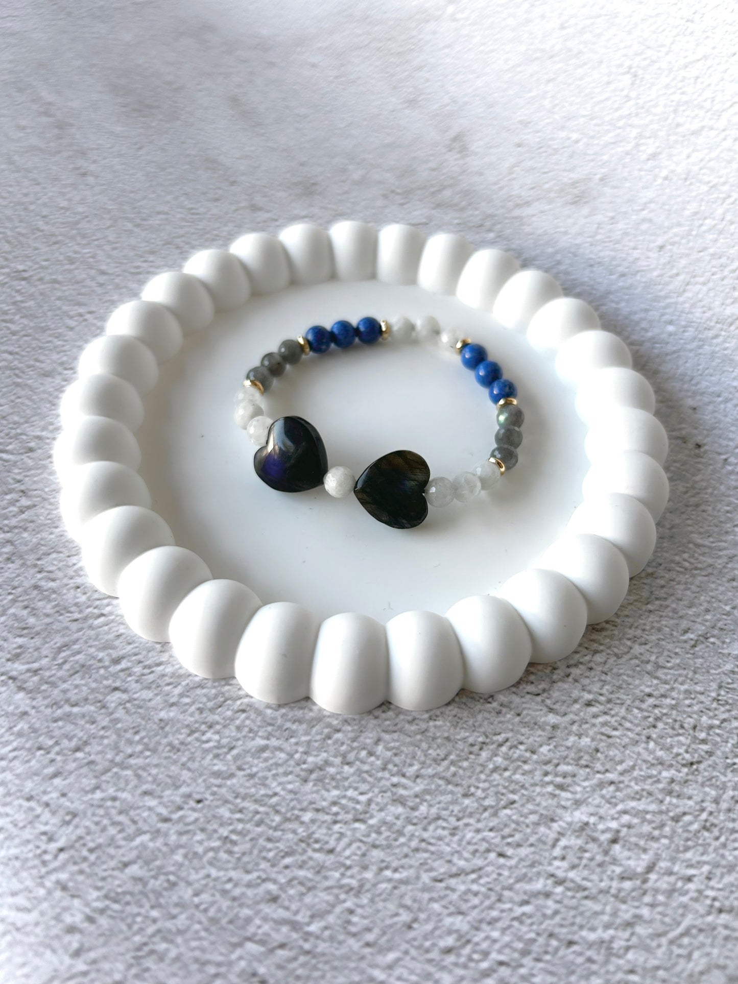 Labradorite Heart Ribbon, Lapis Lazuli, Faceted Moonstone and Labradorite Customised Crystal Bracelet