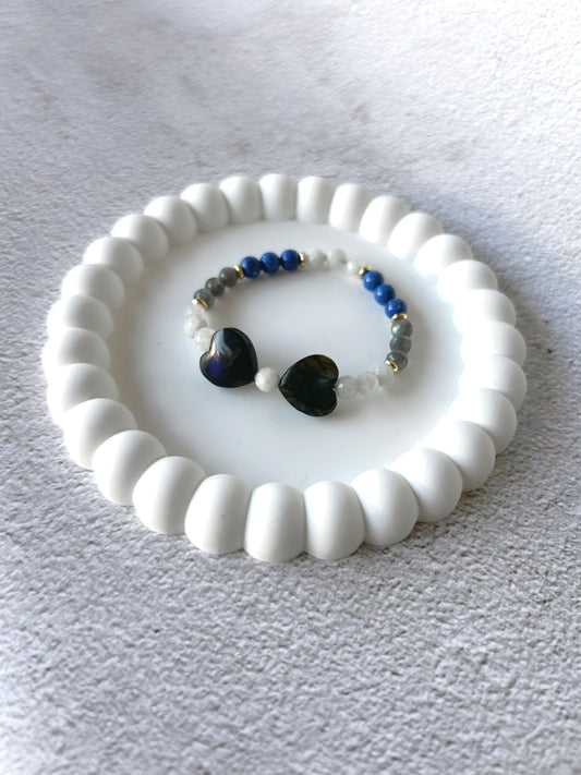 Labradorite Heart Ribbon, Lapis Lazuli, Faceted Moonstone and Labradorite Customised Crystal Bracelet