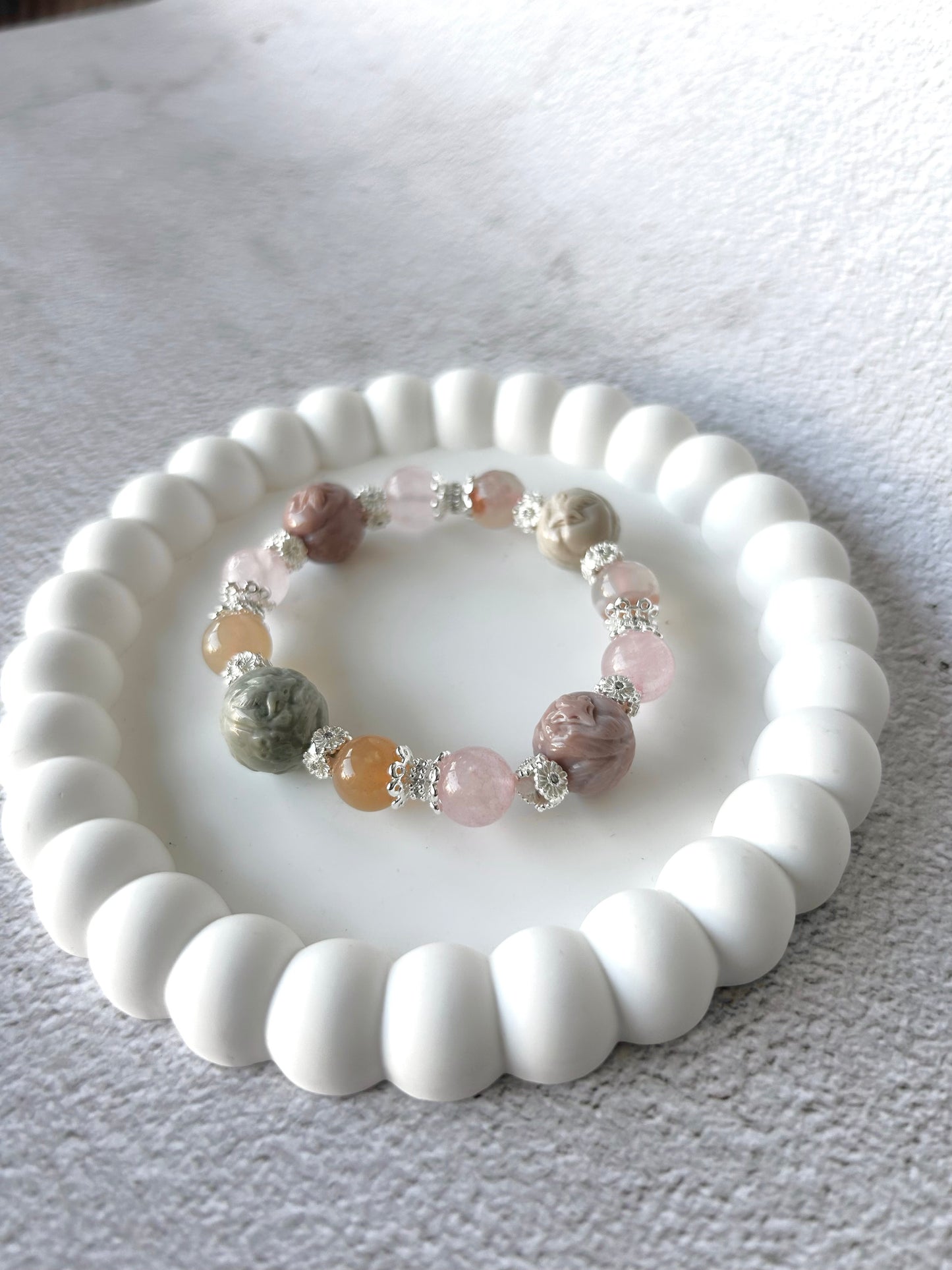 Nine Tail Fox Alashan Agate Charms with Flower Agate and Rose Quartz Customised Crystal Bracelet