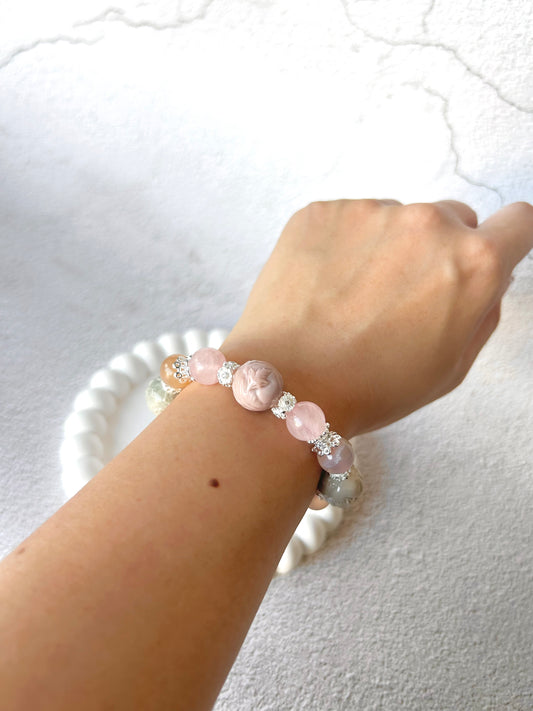 Nine Tail Fox Alashan Agate Charms with Flower Agate and Rose Quartz Customised Crystal Bracelet