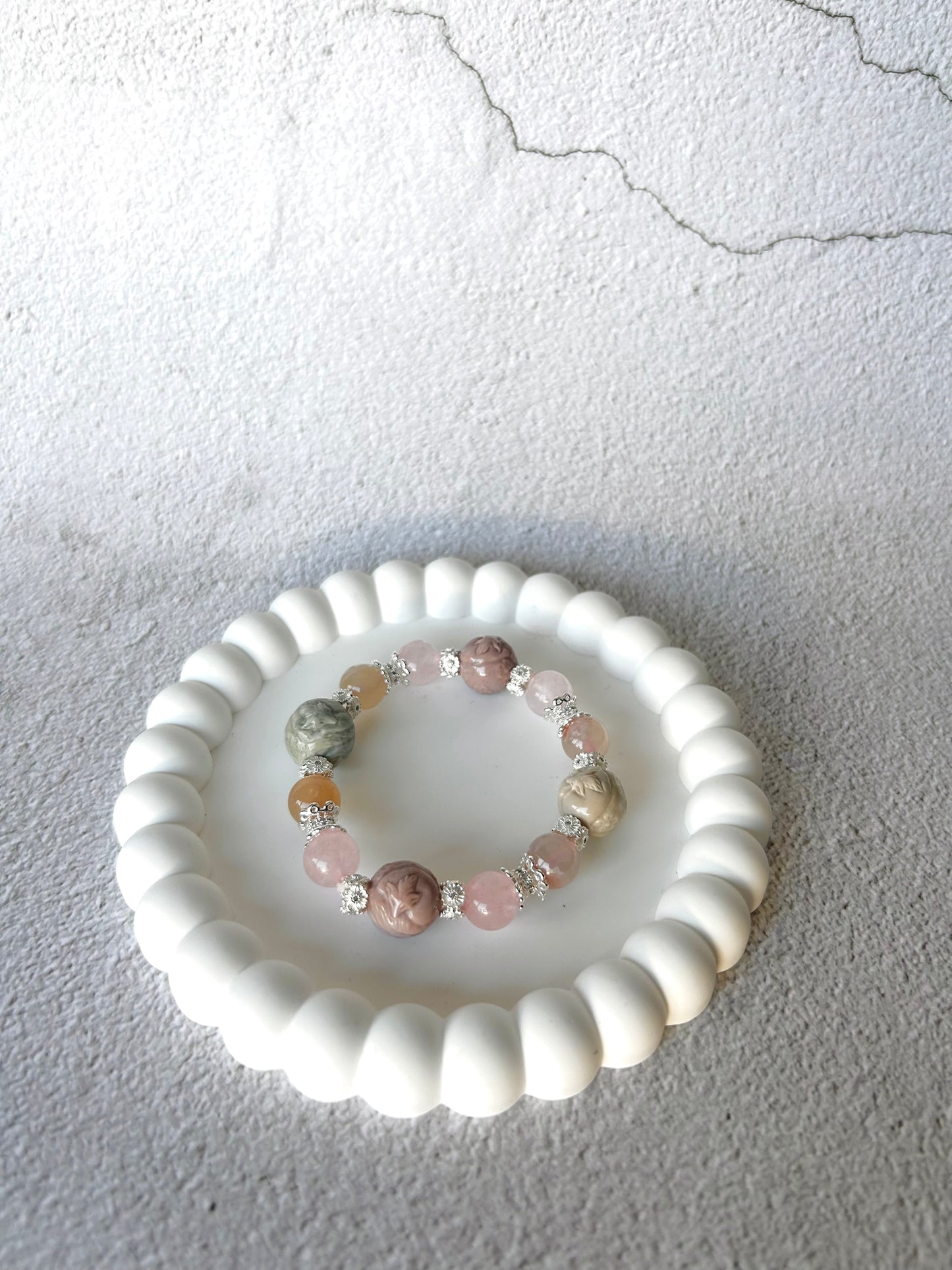 Nine Tail Fox Alashan Agate Charms with Flower Agate and Rose Quartz Customised Crystal Bracelet