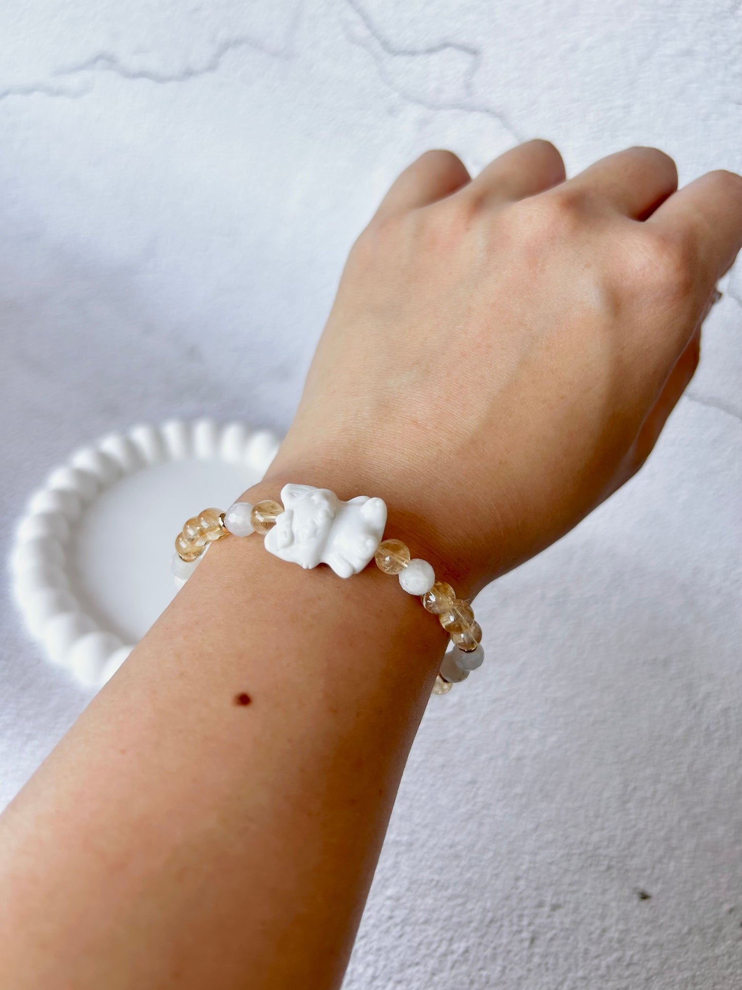 Alashan Agate Cat Charm with Faceted Moonstone and Golden Rutile Customised Crystal Bracelet