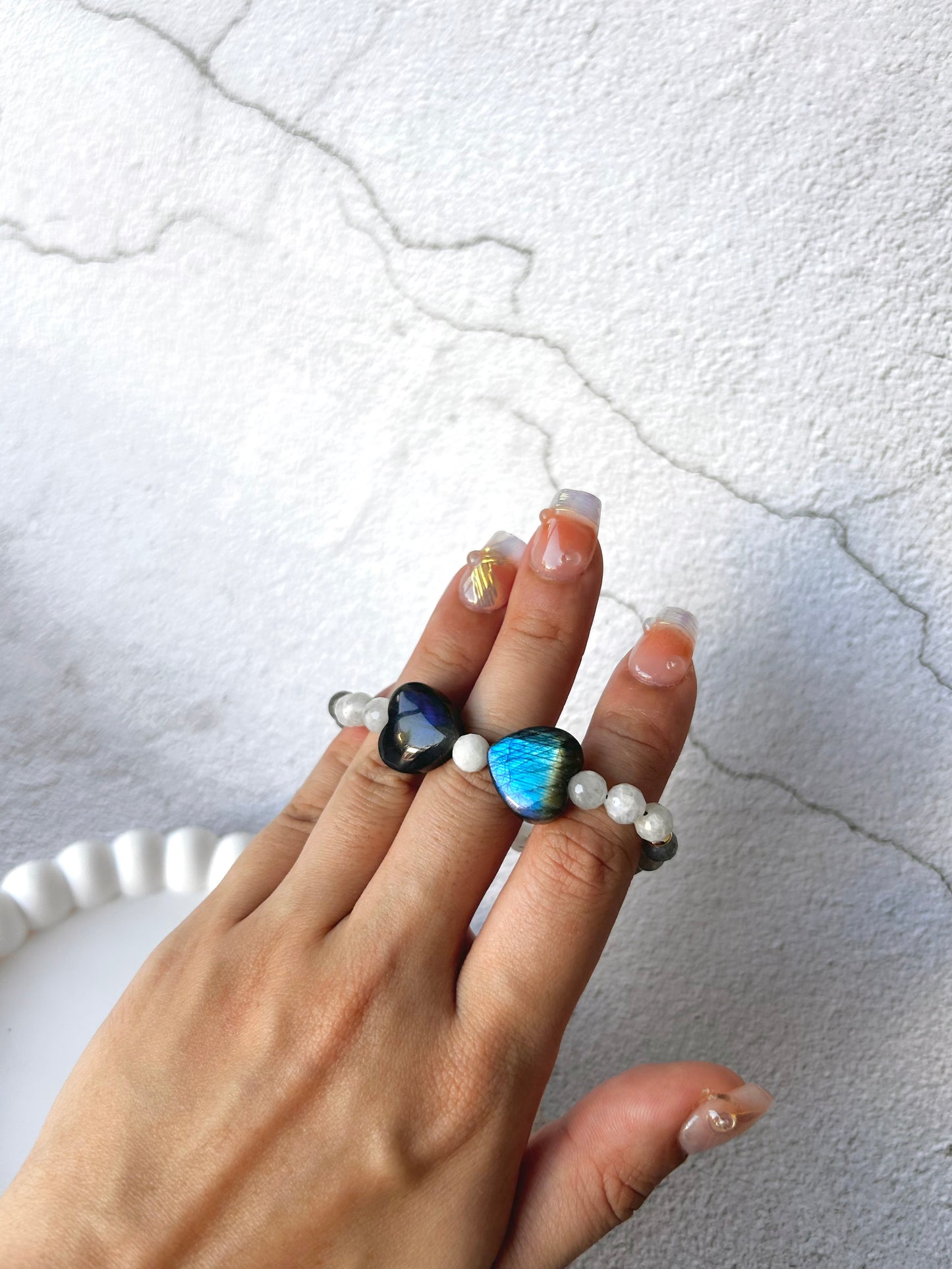 Labradorite Heart Ribbon, Lapis Lazuli, Faceted Moonstone and Labradorite Customised Crystal Bracelet