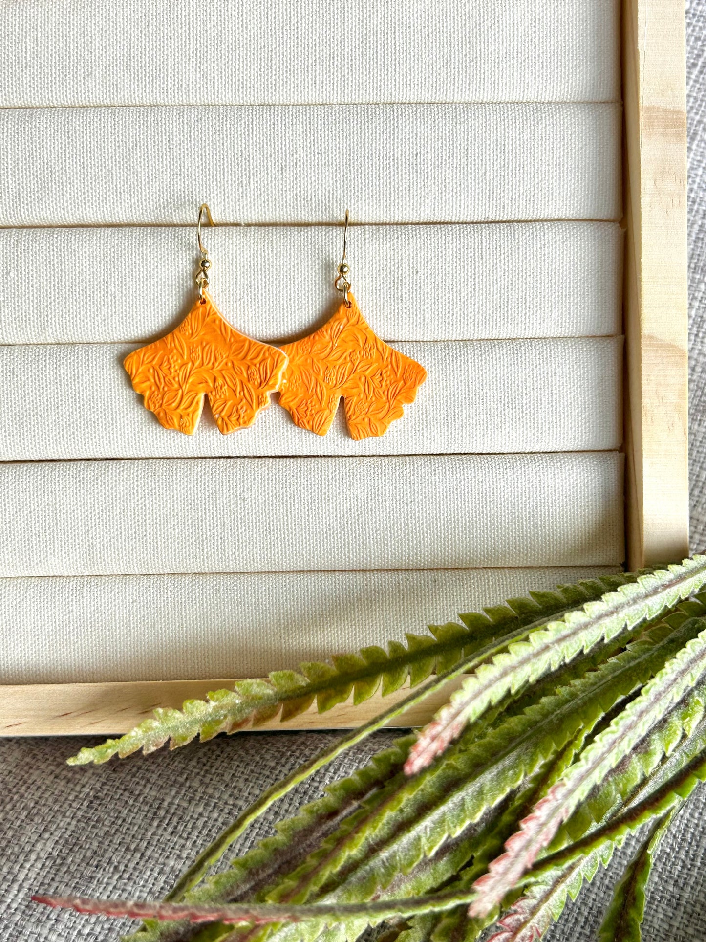 Orange Paisley Gingko Leaf Polymer Clay Earring