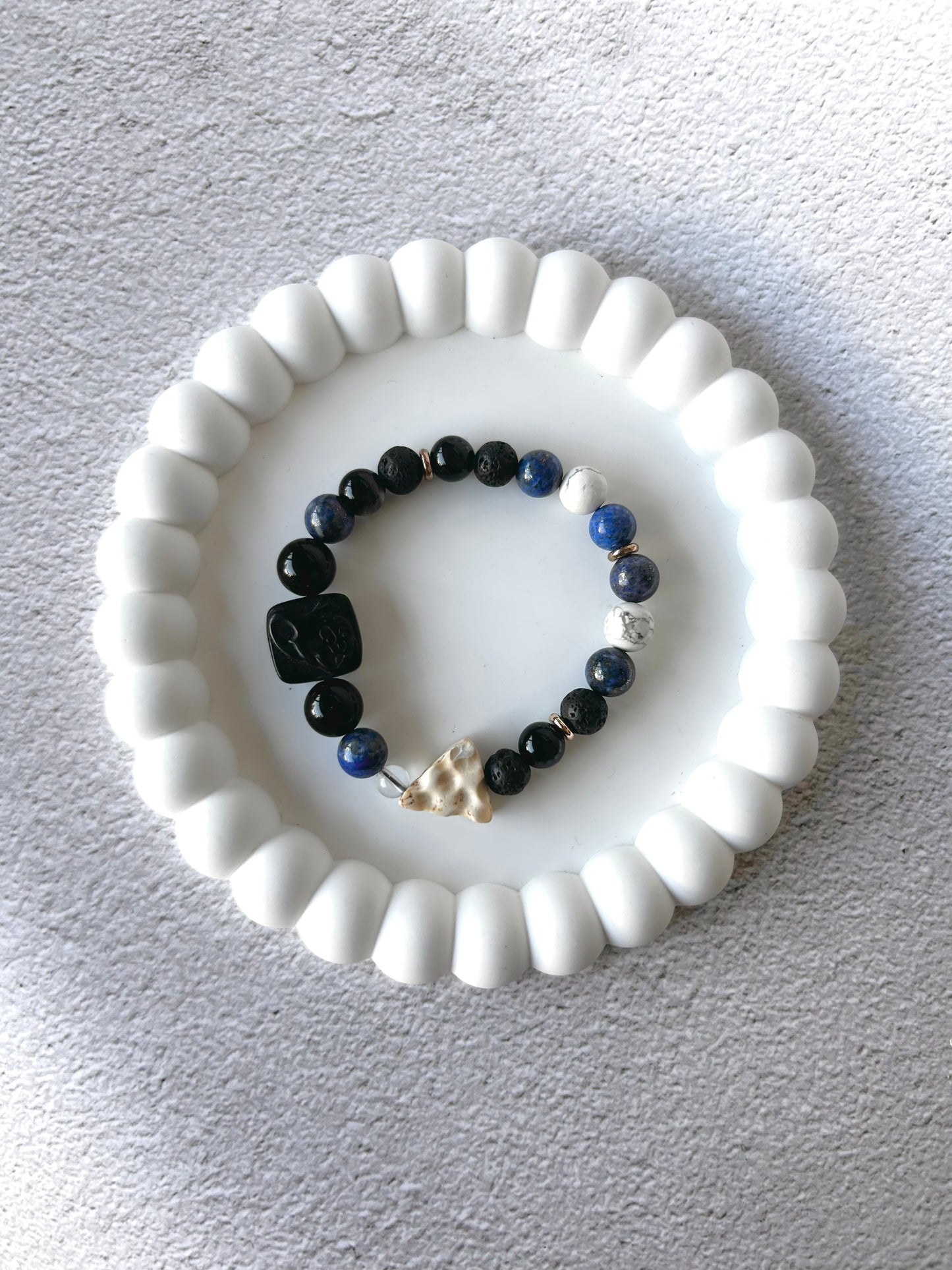 Alashan Agate Jerry Charm and Charm with Lapis Lazuli, Obsidian, Lava Stone and Howlite Customised Crystal Bracelet