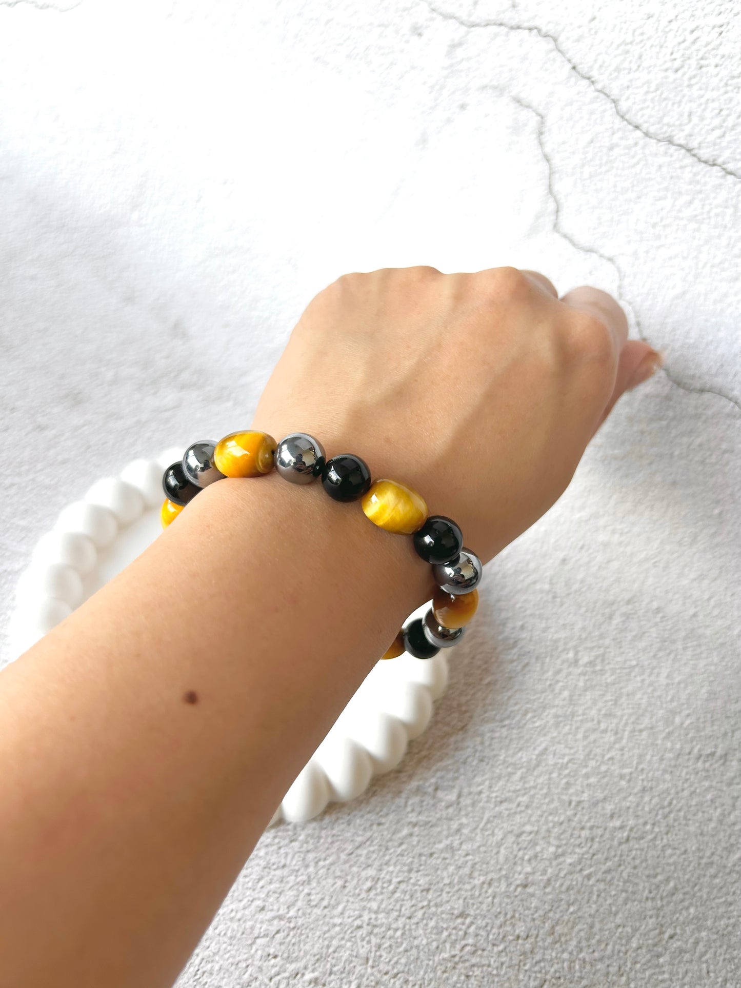 Yellow Tiger Eye Barrel, Terahertz and Lava Stone Customised Crystal Bracelet