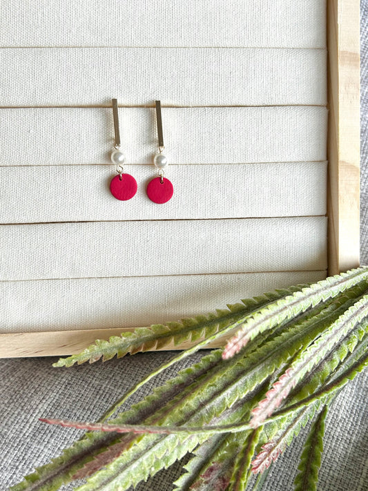 Cherry Red Circle with Faux Pearl Polymer Clay Earring