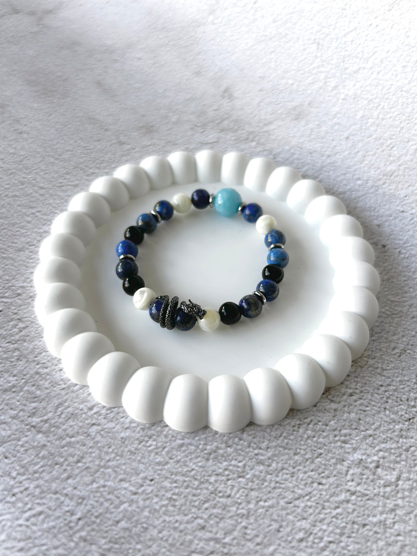 Black Dragon Coil Charm with Lapis Lazuli, Shell, Silver Sheen Obsidian and Aquamarine Customised Crystal Bracelet