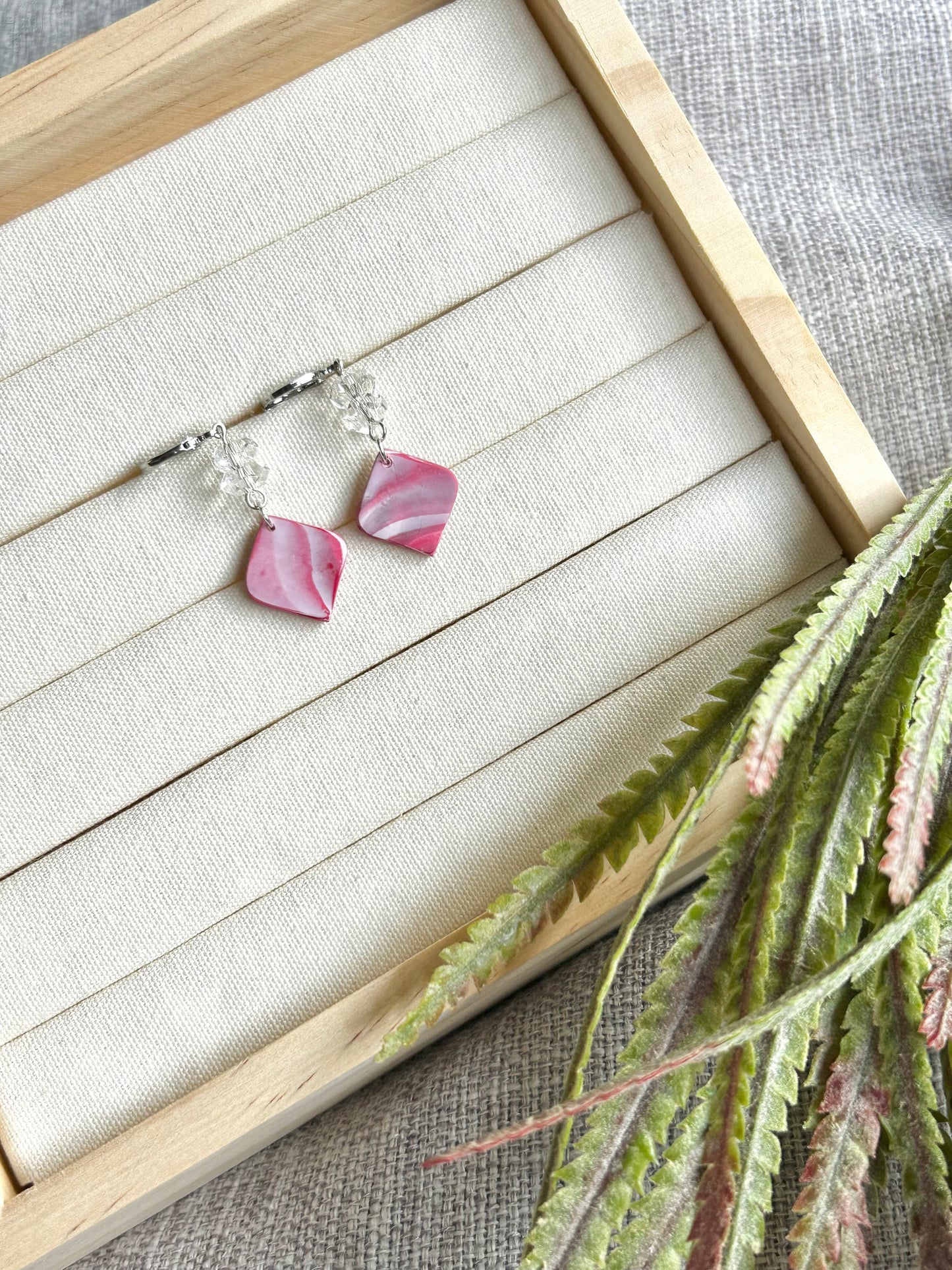 Pink Swirls Dime with Faceted Beads Polymer Clay Earring