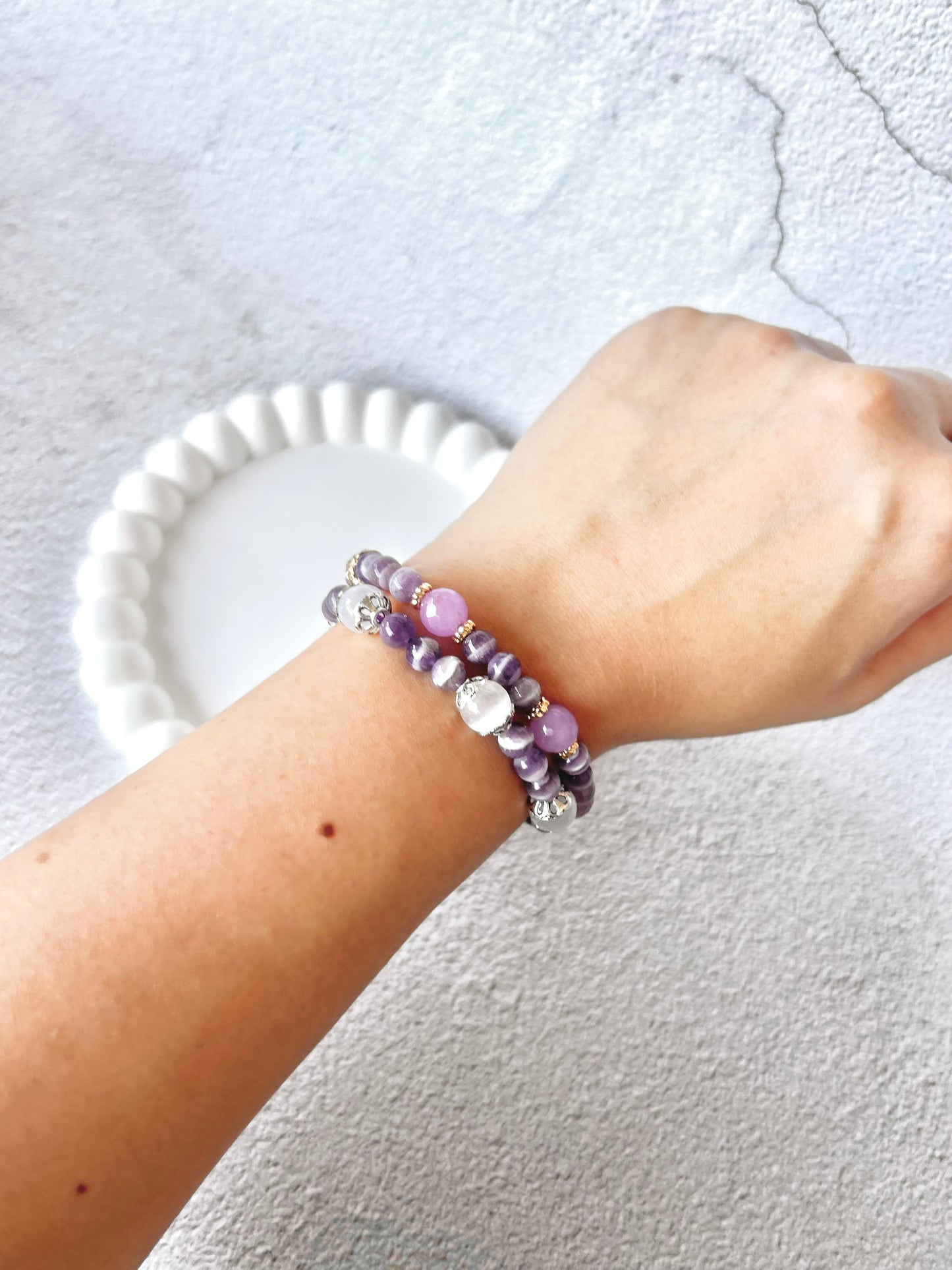 Dream Amethyst & Satin Spar/Chalcedony Customised Stacker Crystal Bracelet