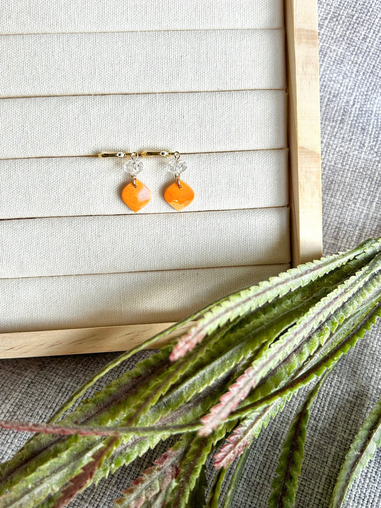 Orange Swirls Droplet with Beads Polymer Clay Earring