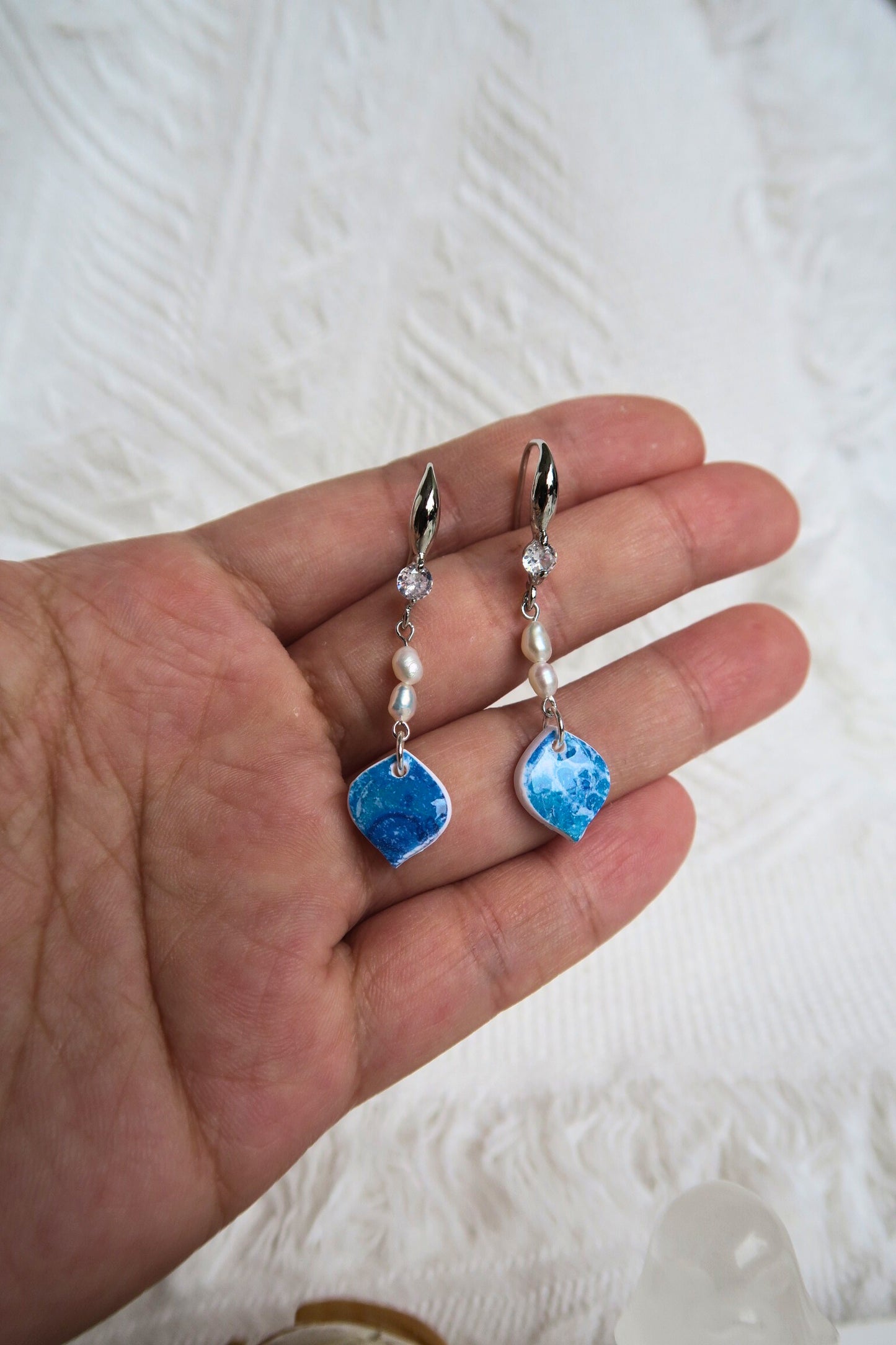 Ocean Droplet with Double Pearl Dangle Polymer Clay Earring (Silver with bling hook)