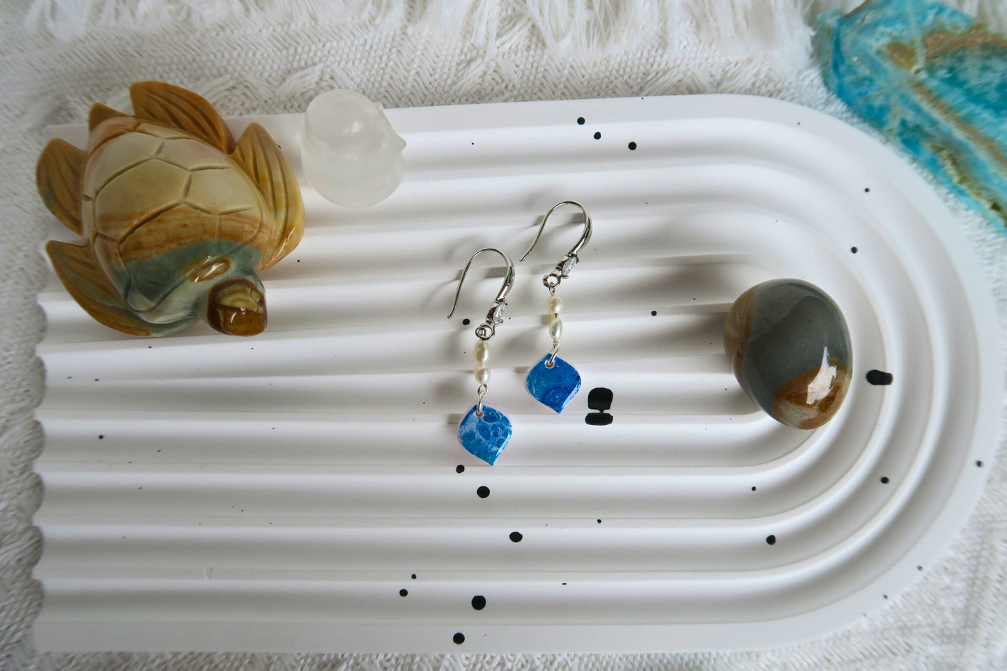 Ocean Droplet with Double Pearl Dangle Polymer Clay Earring (Silver with bling hook)