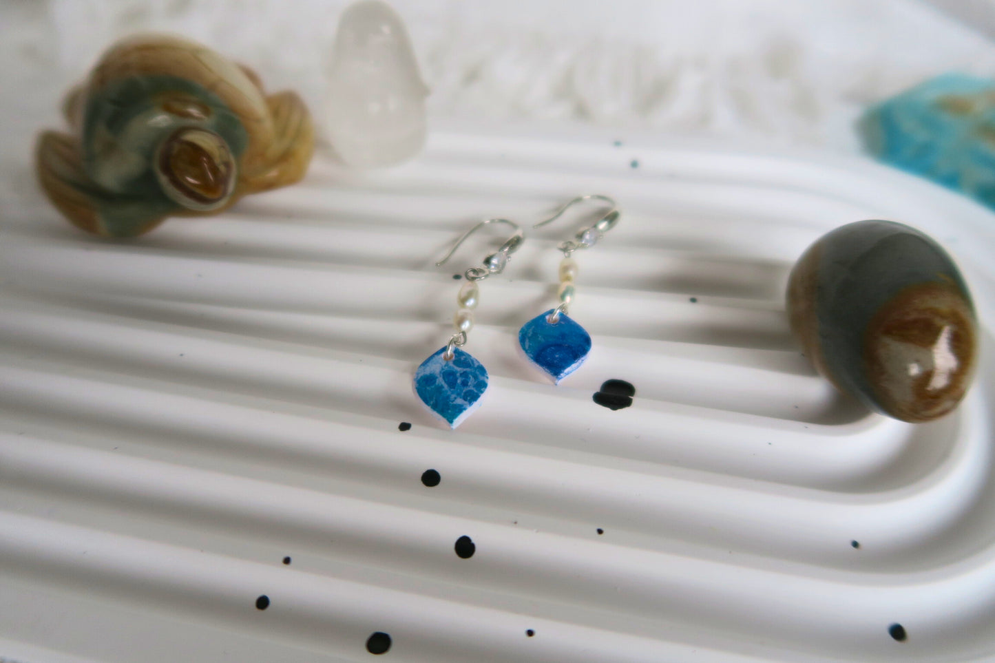 Ocean Droplet with Double Pearl Dangle Polymer Clay Earring (Silver with bling hook)