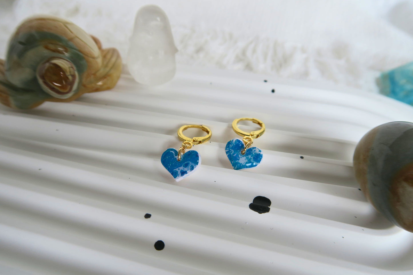 Ocean Heart Huggies Dangle Polymer Clay Earring (Gold Huggies)