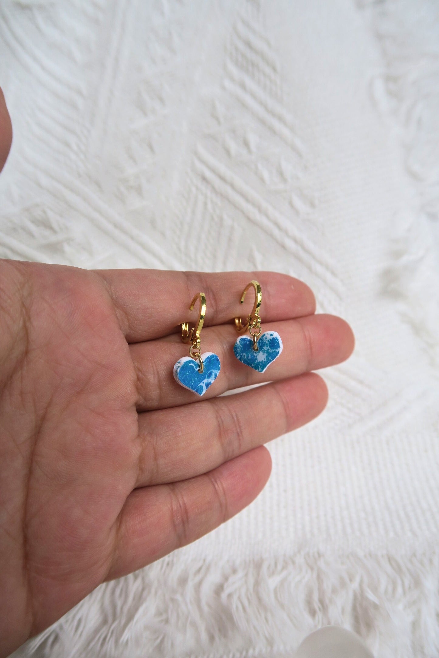 Ocean Heart Huggies Dangle Polymer Clay Earring (Gold Huggies)